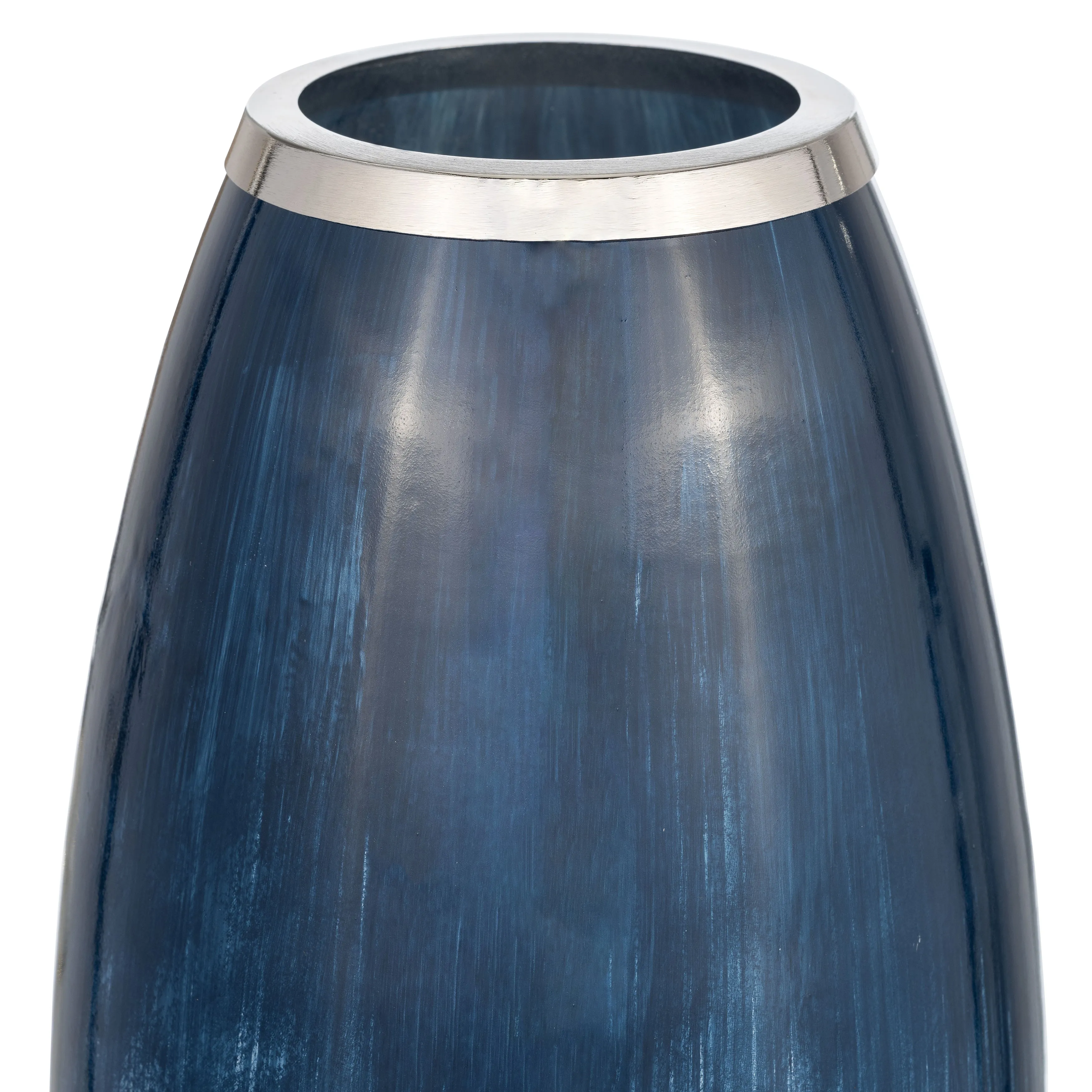 GLASS,18"H VASE W/METAL RIM, BLUE/WHT OMBRE