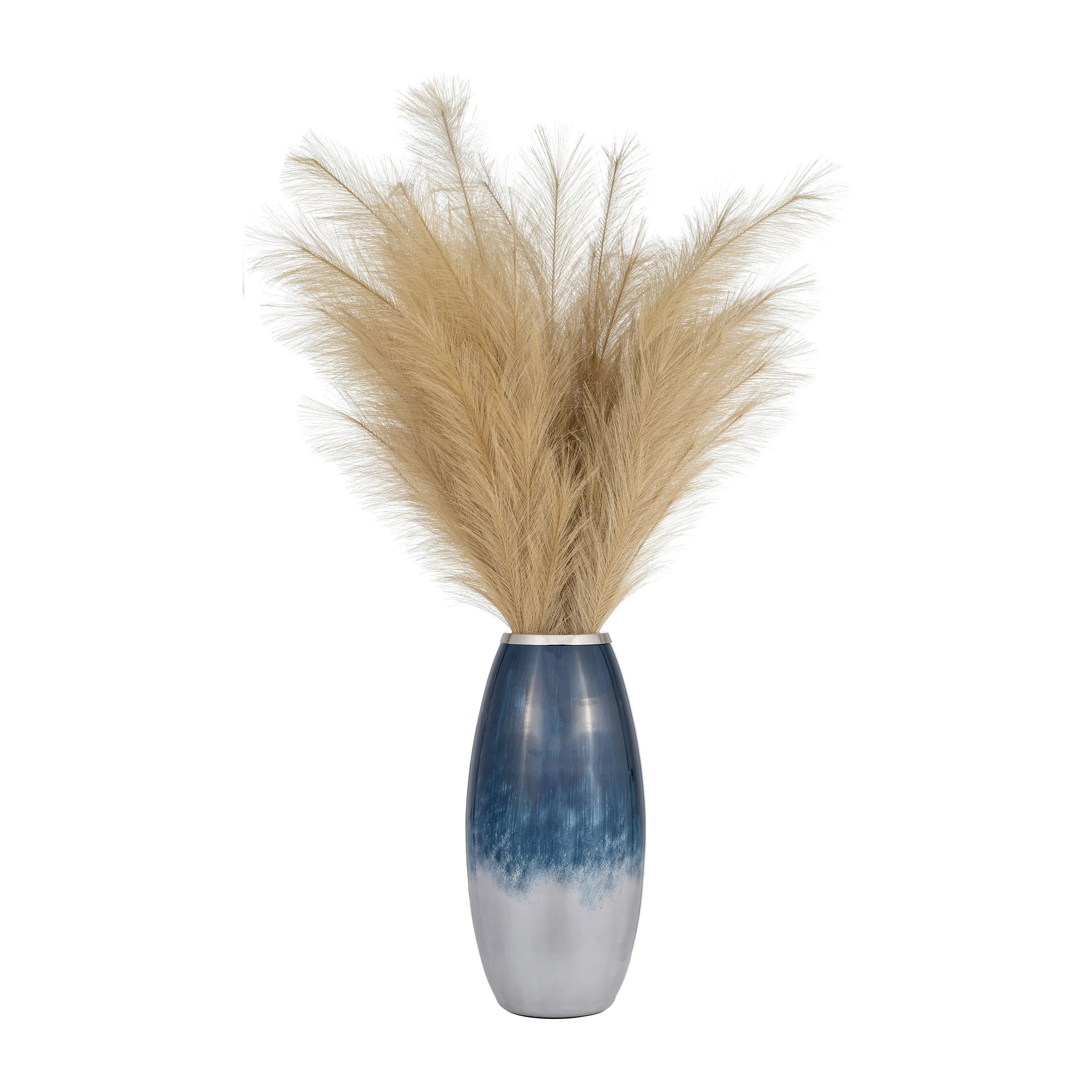 GLASS,18"H VASE W/METAL RIM, BLUE/WHT OMBRE
