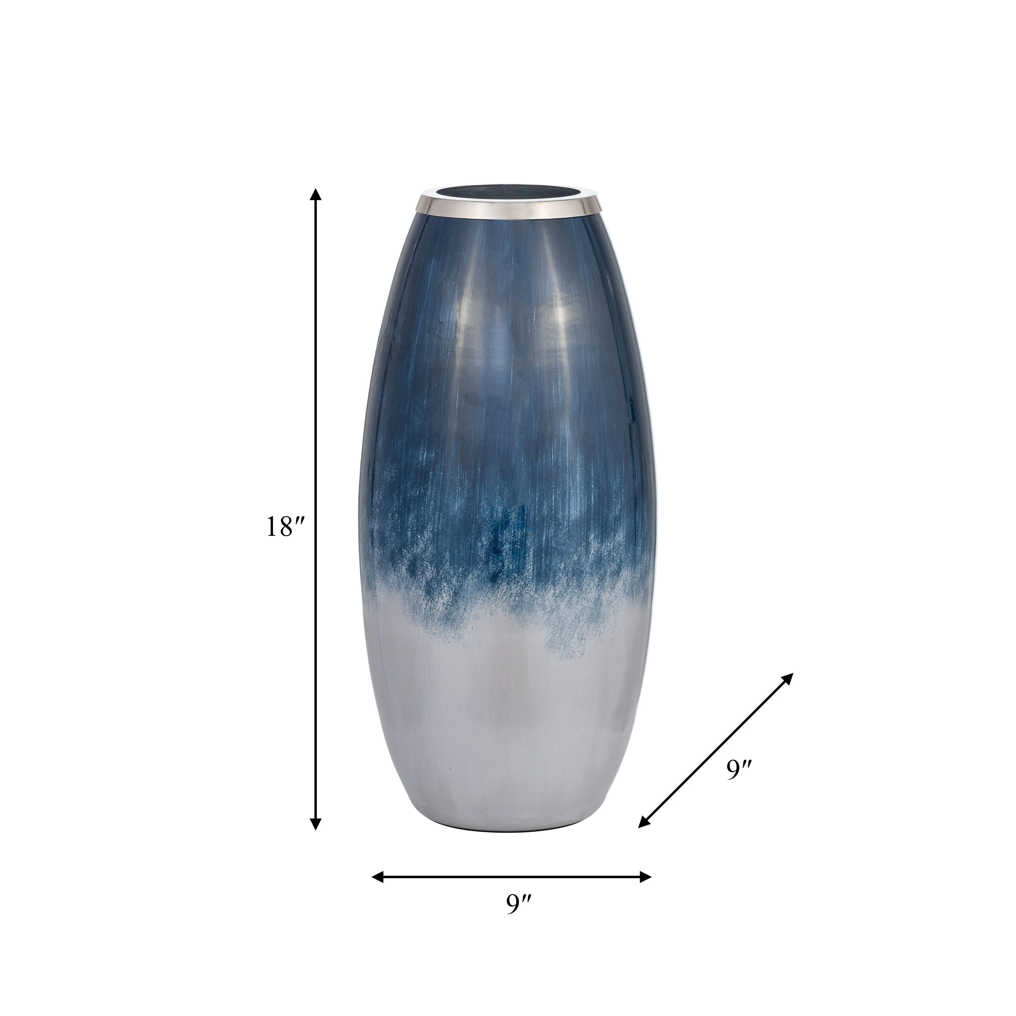 GLASS,18"H VASE W/METAL RIM, BLUE/WHT OMBRE