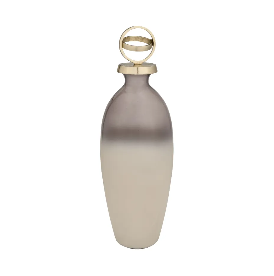 GLASS,20",BOTTLE W/SPHERE LID,WHITE/GOLD