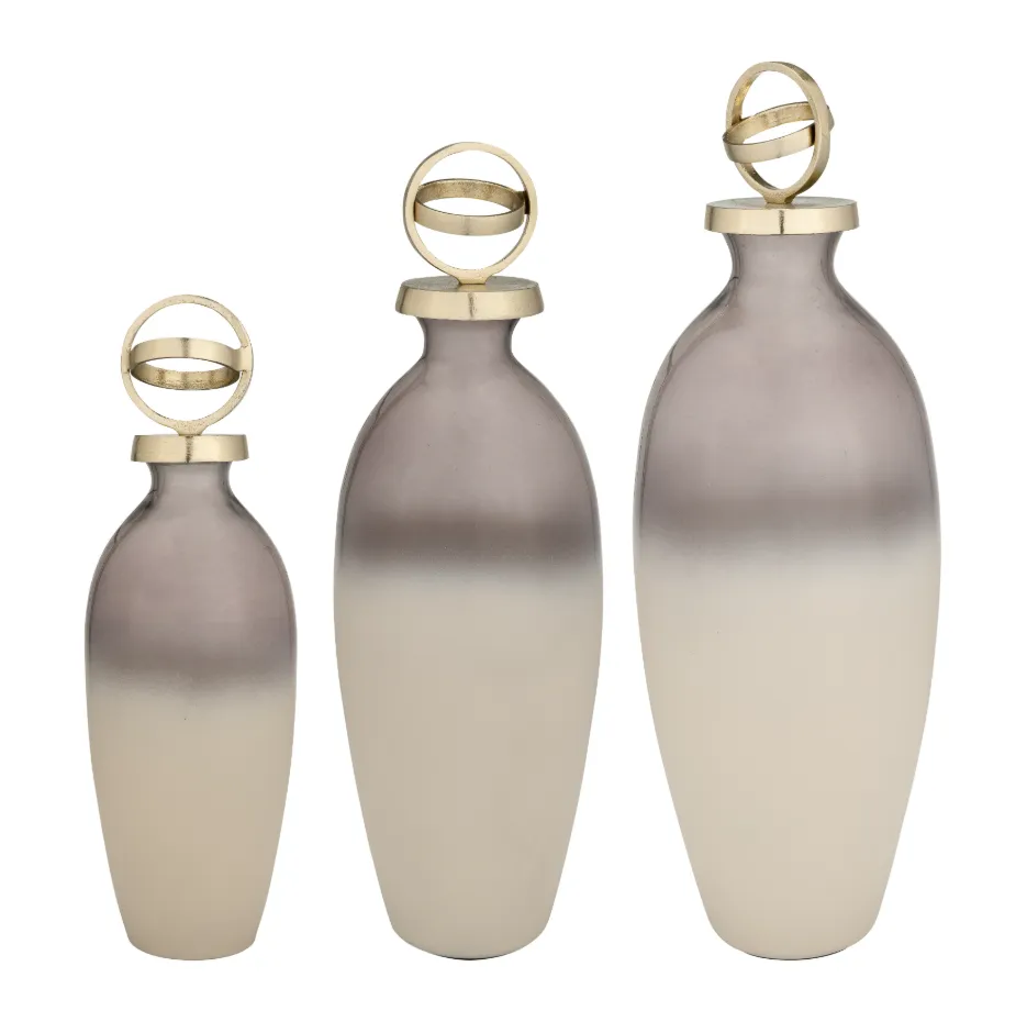 GLASS,20",BOTTLE W/SPHERE LID,WHITE/GOLD