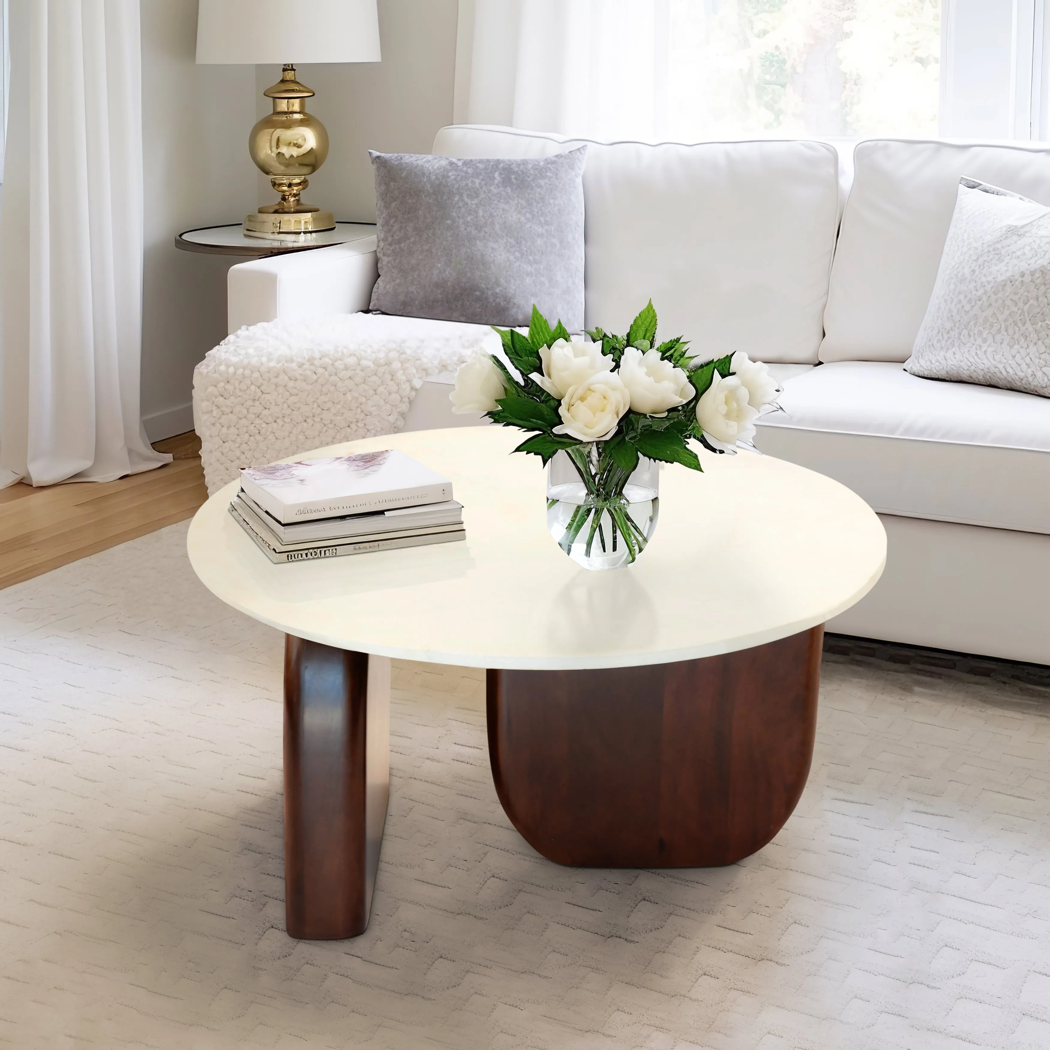 Marble/Wood, 30"Dx17"H Round Cffee Tbl,Wlnt/Wht Kd