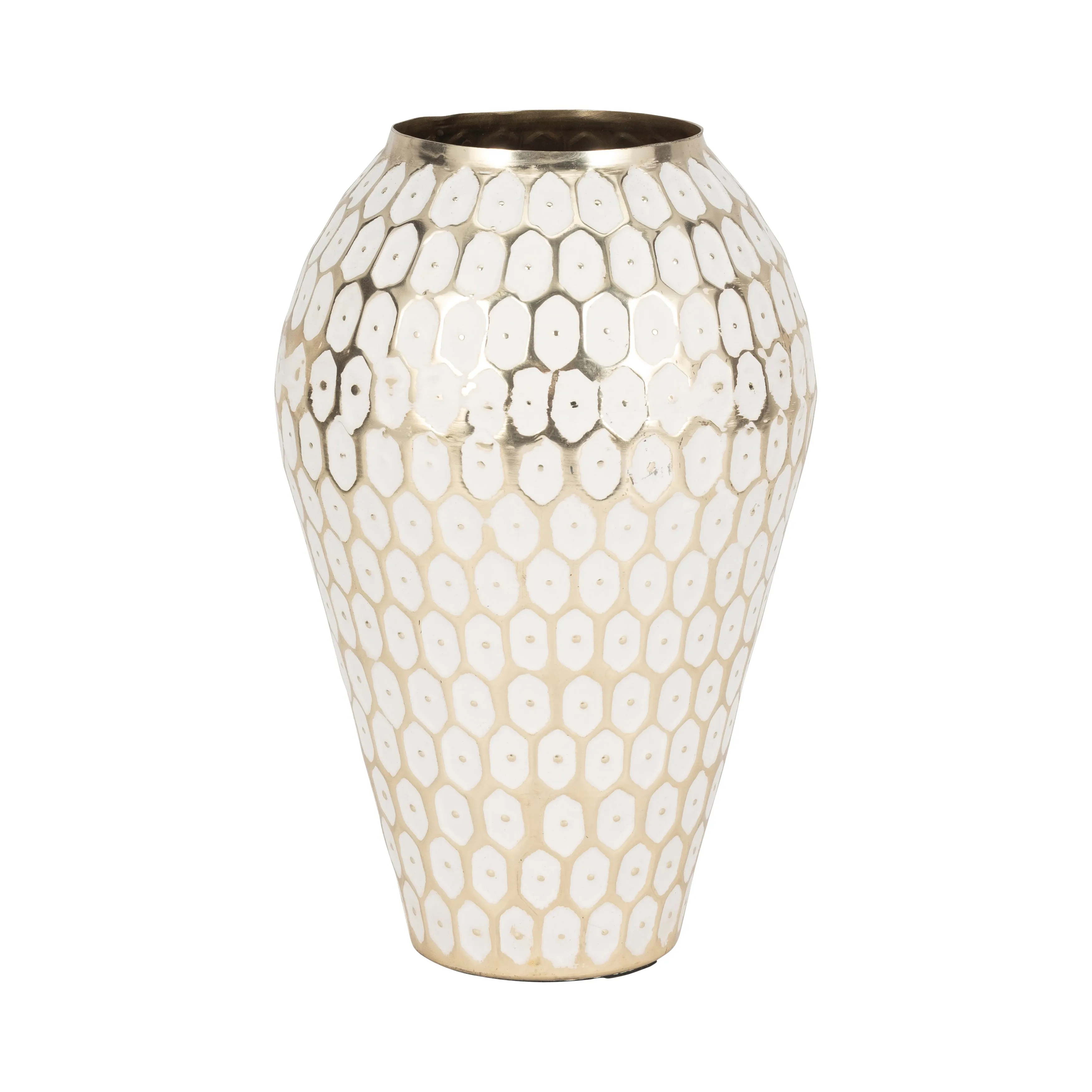 METAL, 11" TRIBAL URN VASE, GOLD