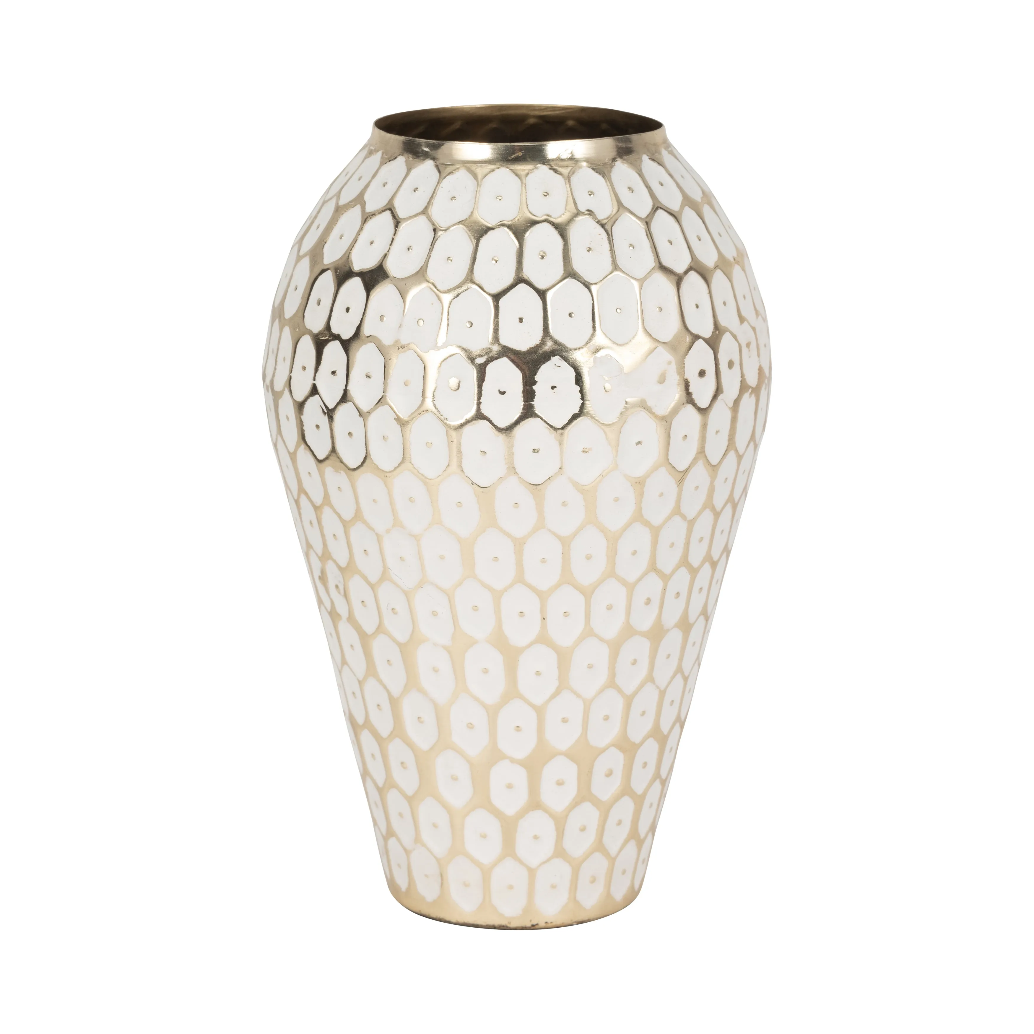 METAL, 11" TRIBAL URN VASE, GOLD