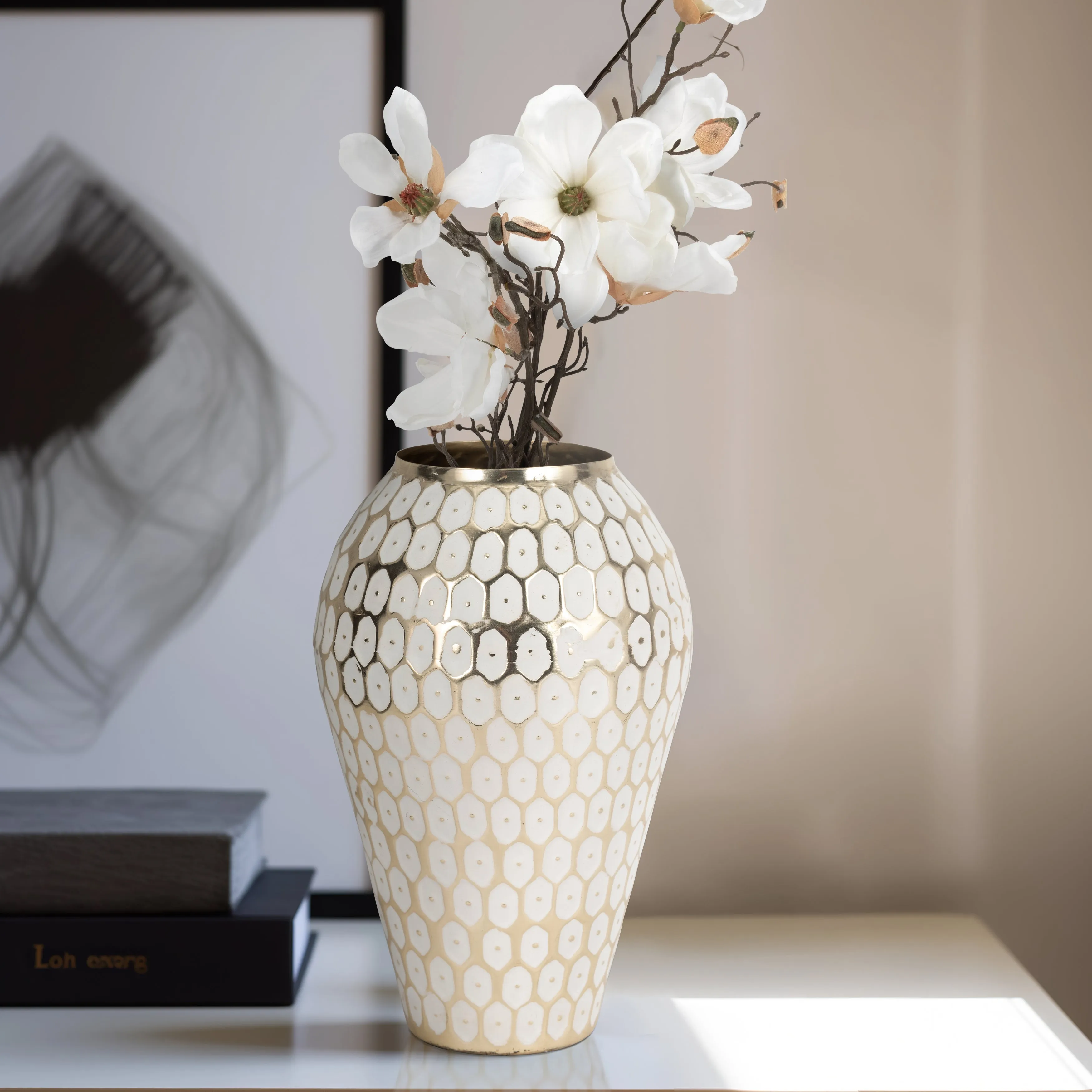 METAL, 11" TRIBAL URN VASE, GOLD