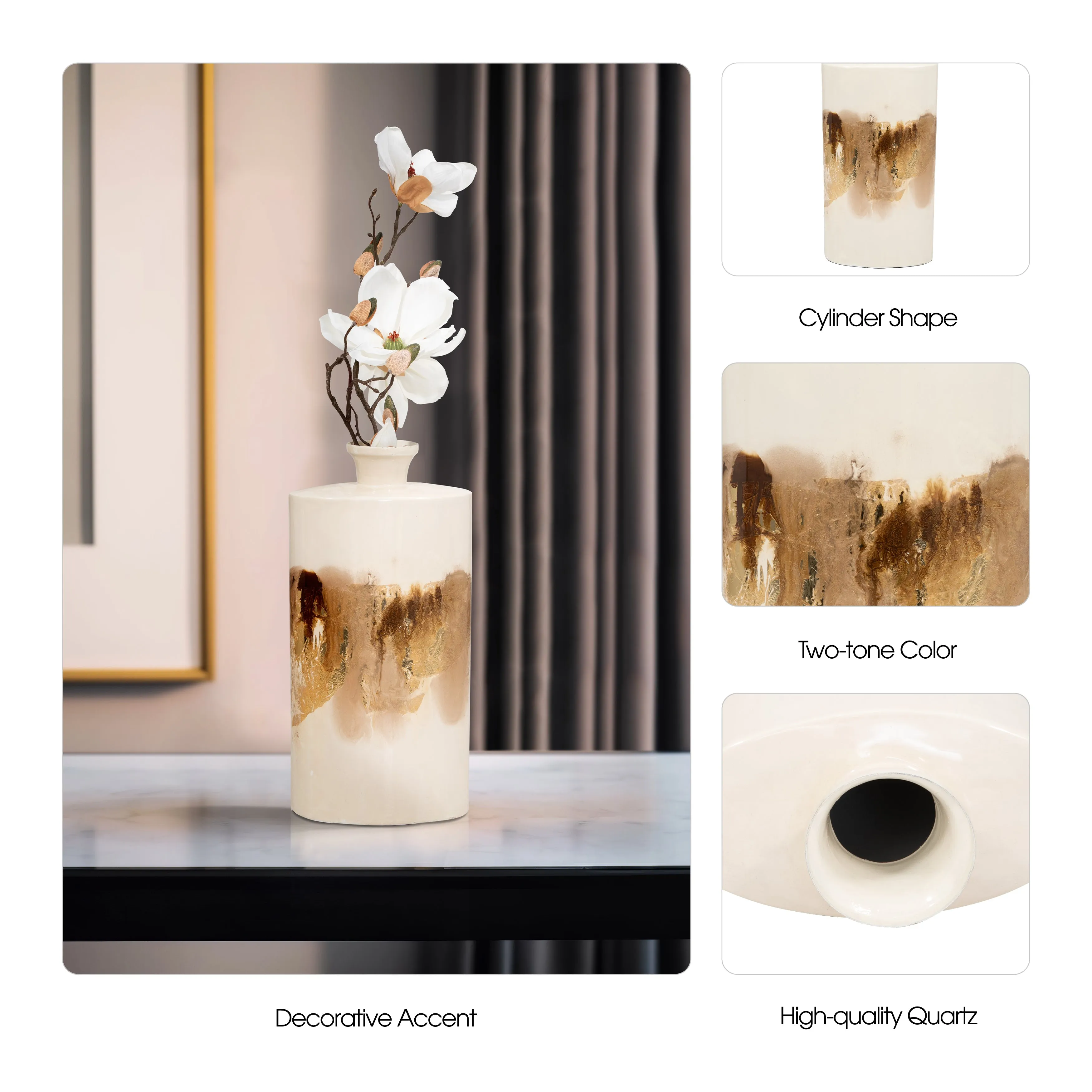 METAL, 15" FLASK VASE, PEARL/GOLD