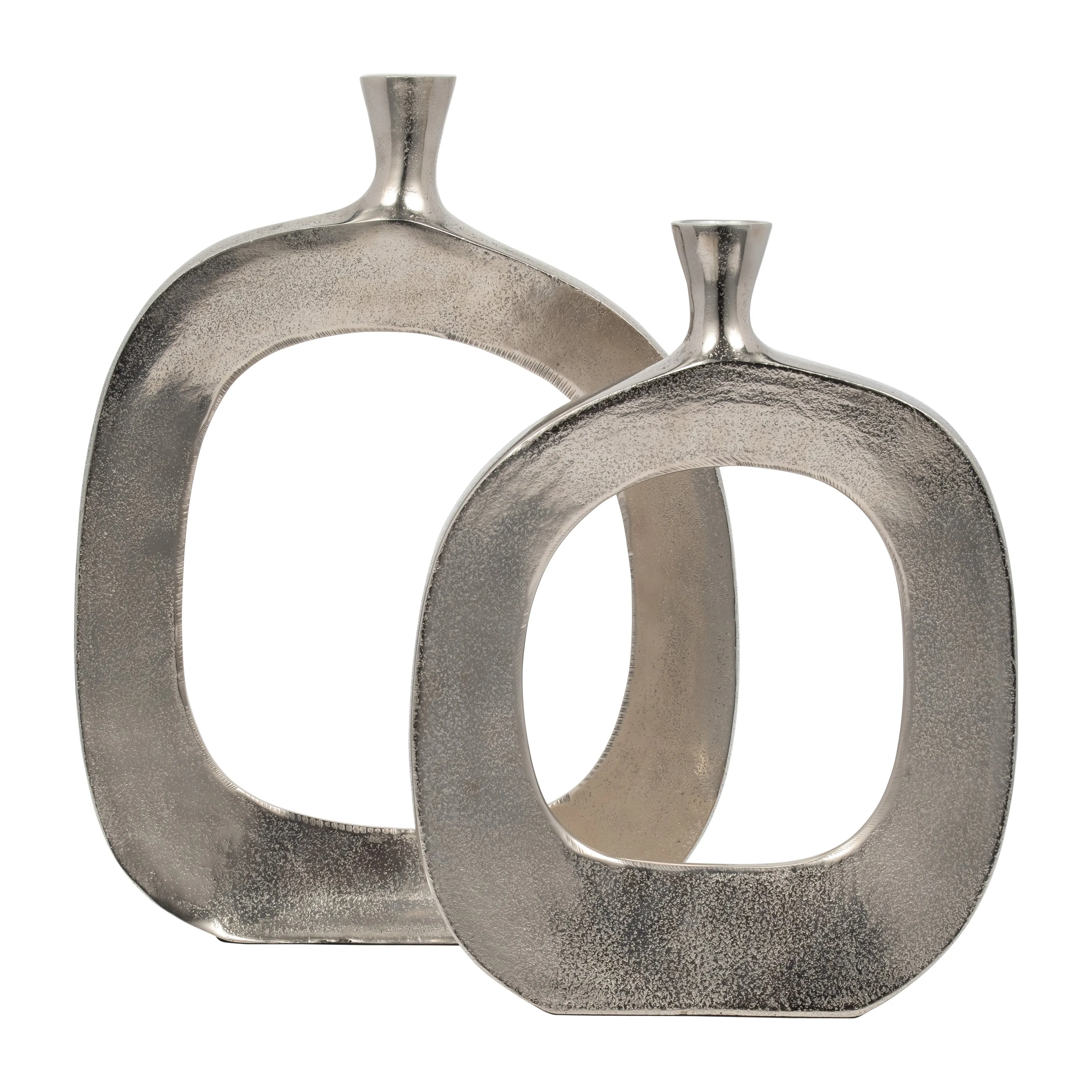 METAL, 16" SHORT OPEN CUT OUT VASE, SILVER