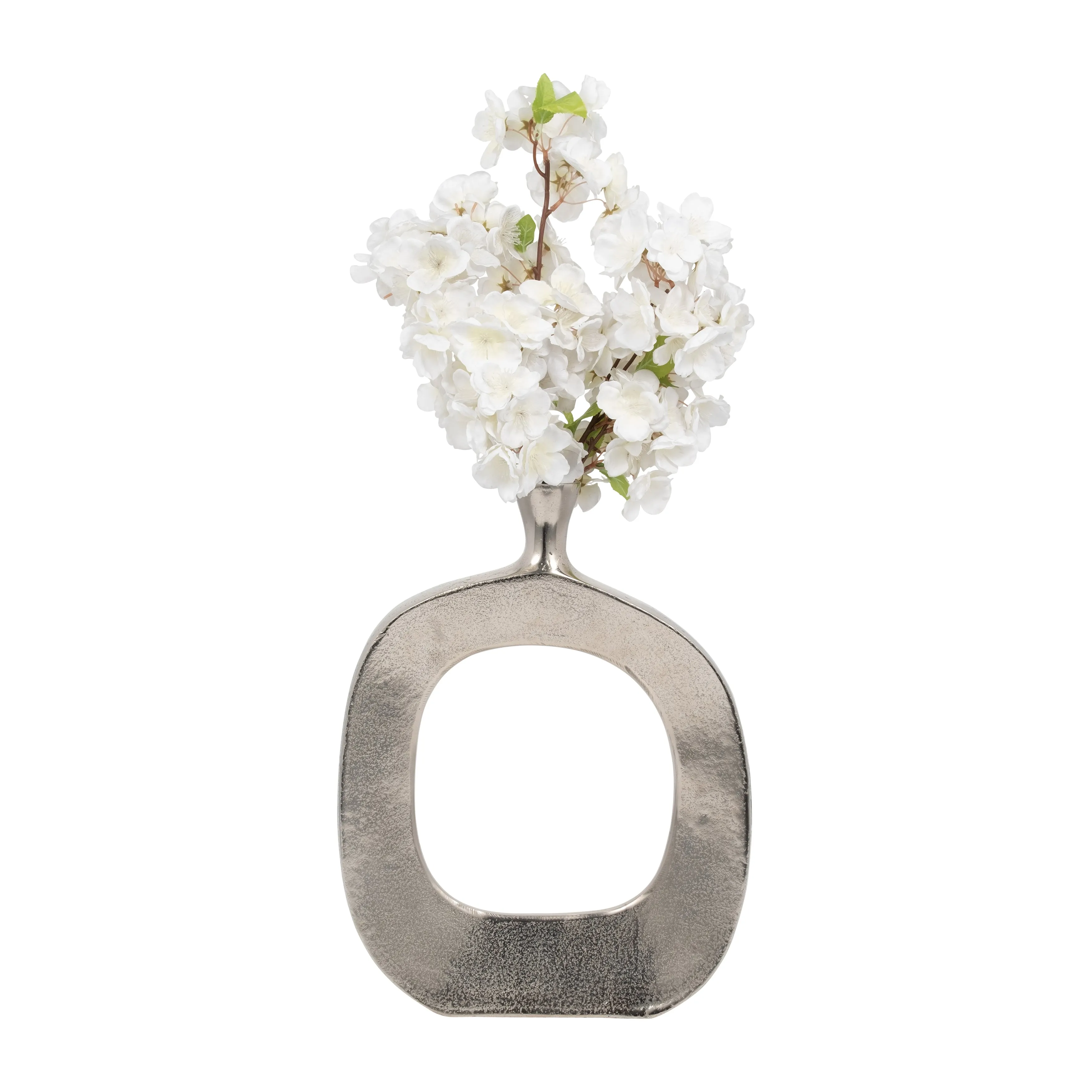 METAL, 16" SHORT OPEN CUT OUT VASE, SILVER