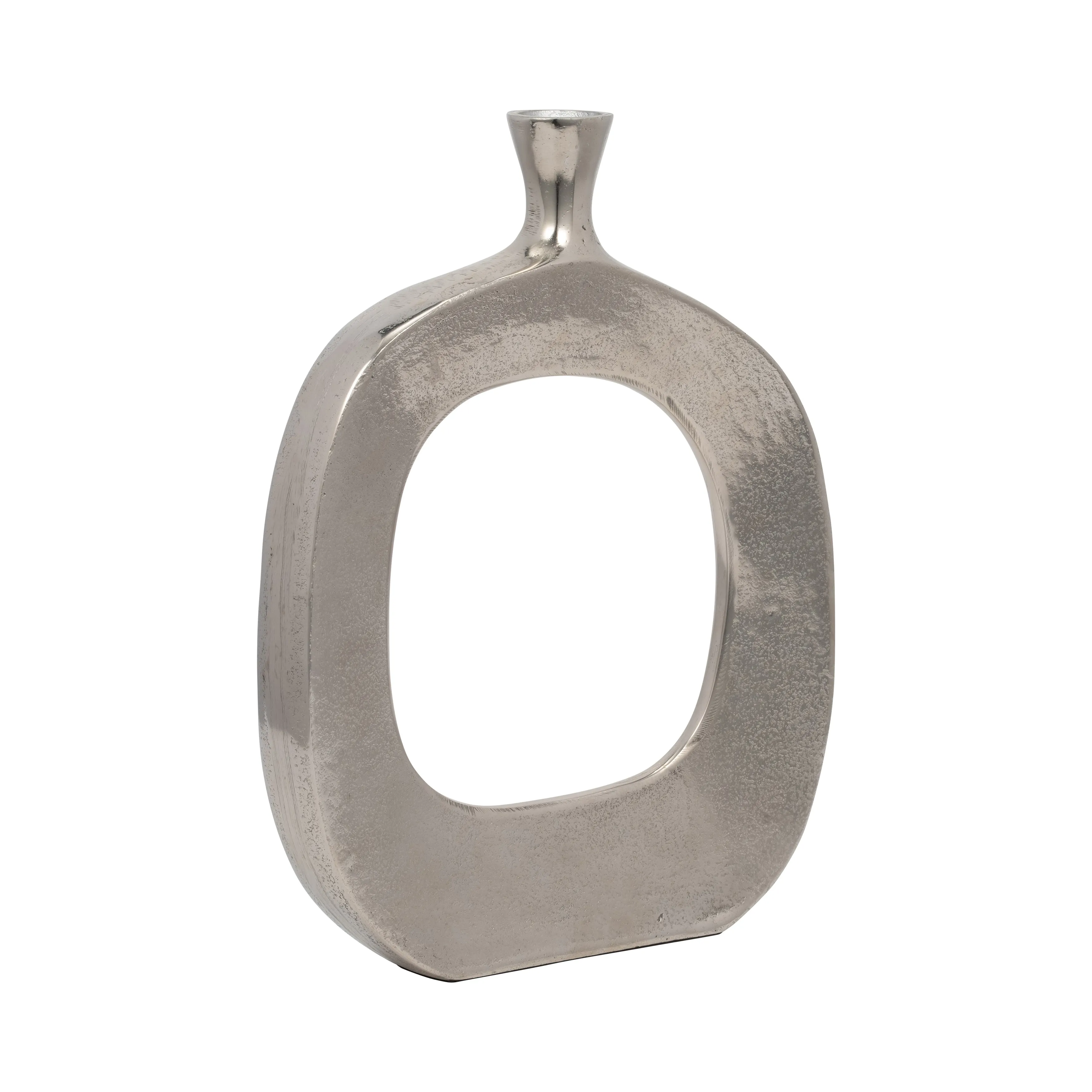 METAL, 16" SHORT OPEN CUT OUT VASE, SILVER
