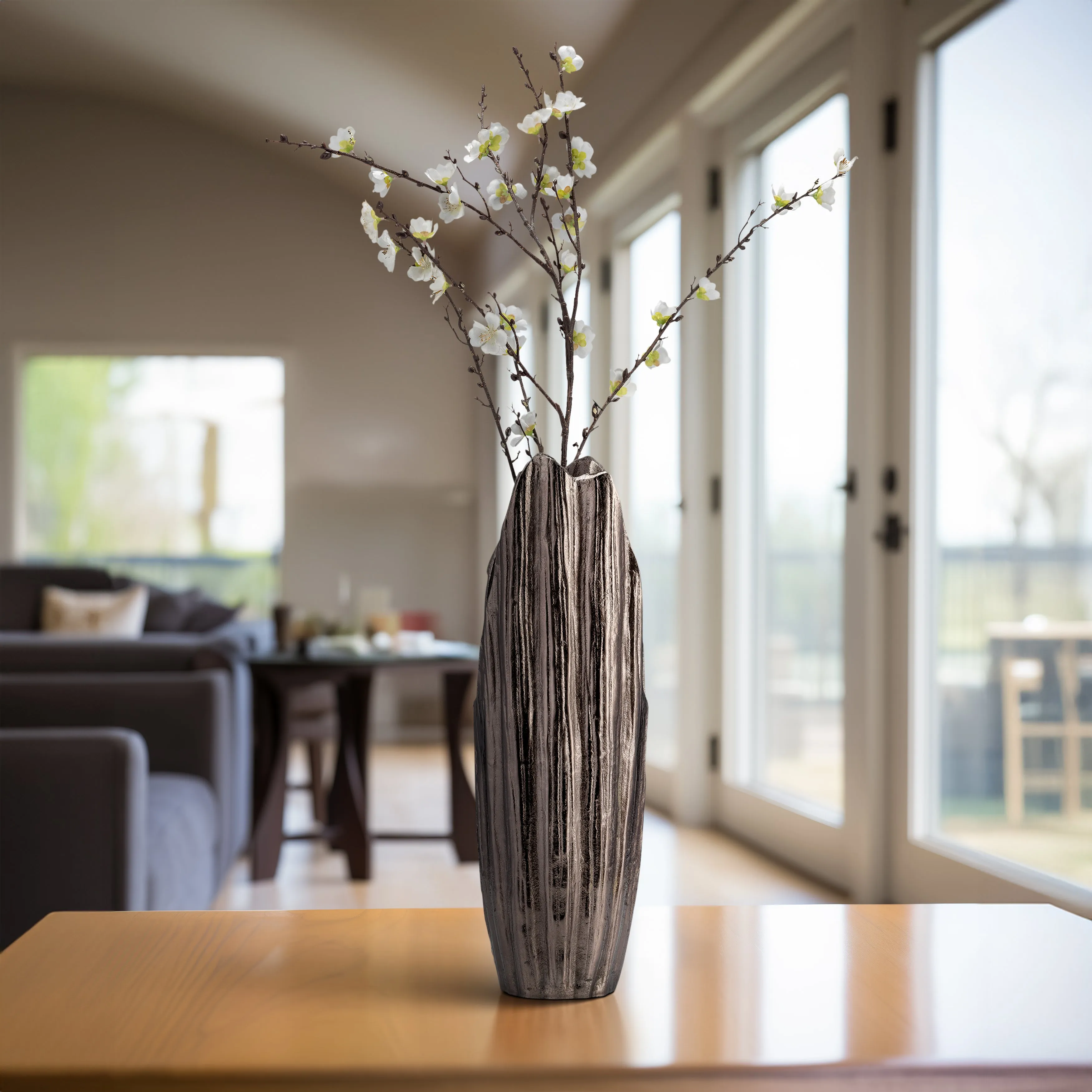 METAL, 20"H, ABSTRACT RIDGED VASE, BLK NICKEL
