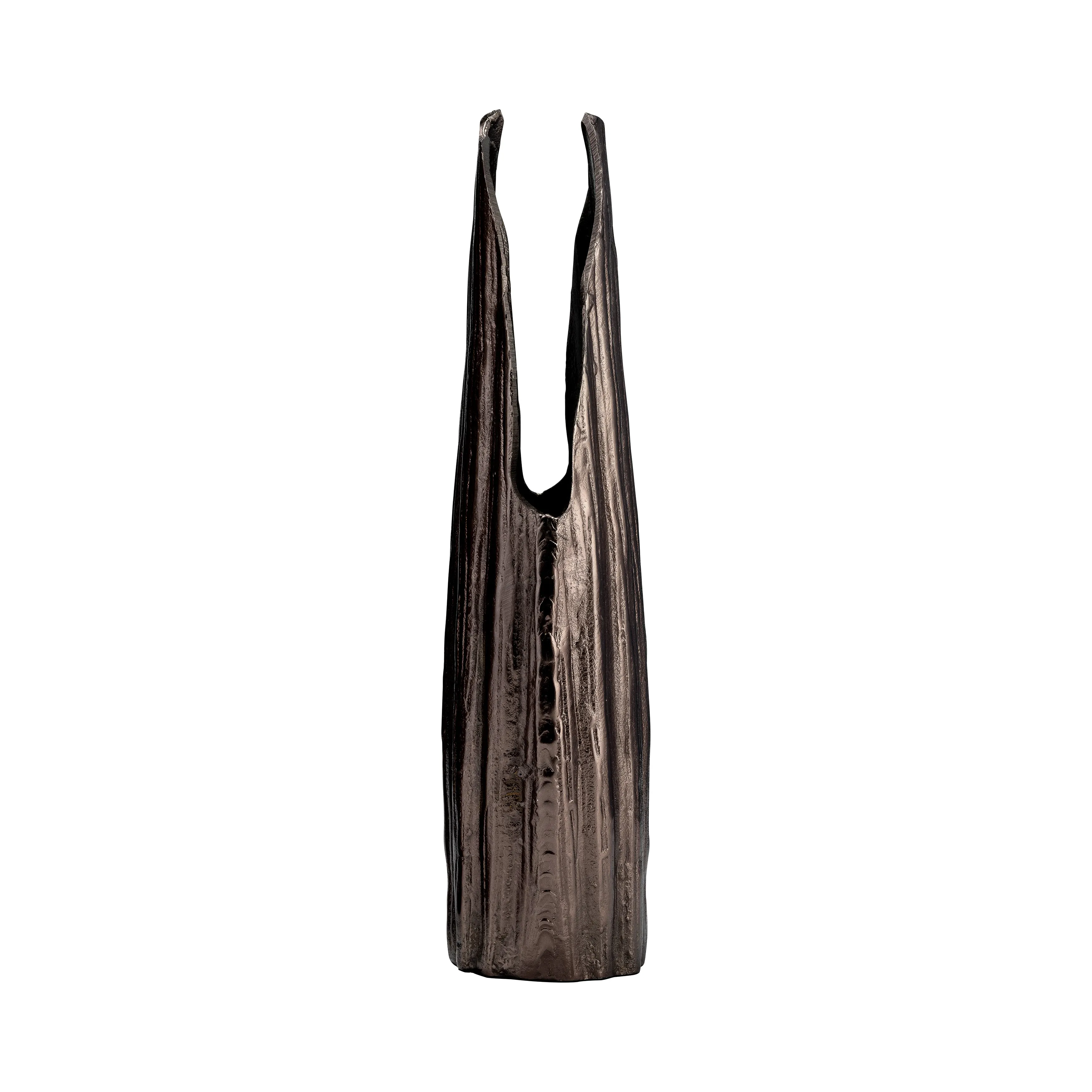 METAL, 20"H, ABSTRACT RIDGED VASE, BLK NICKEL