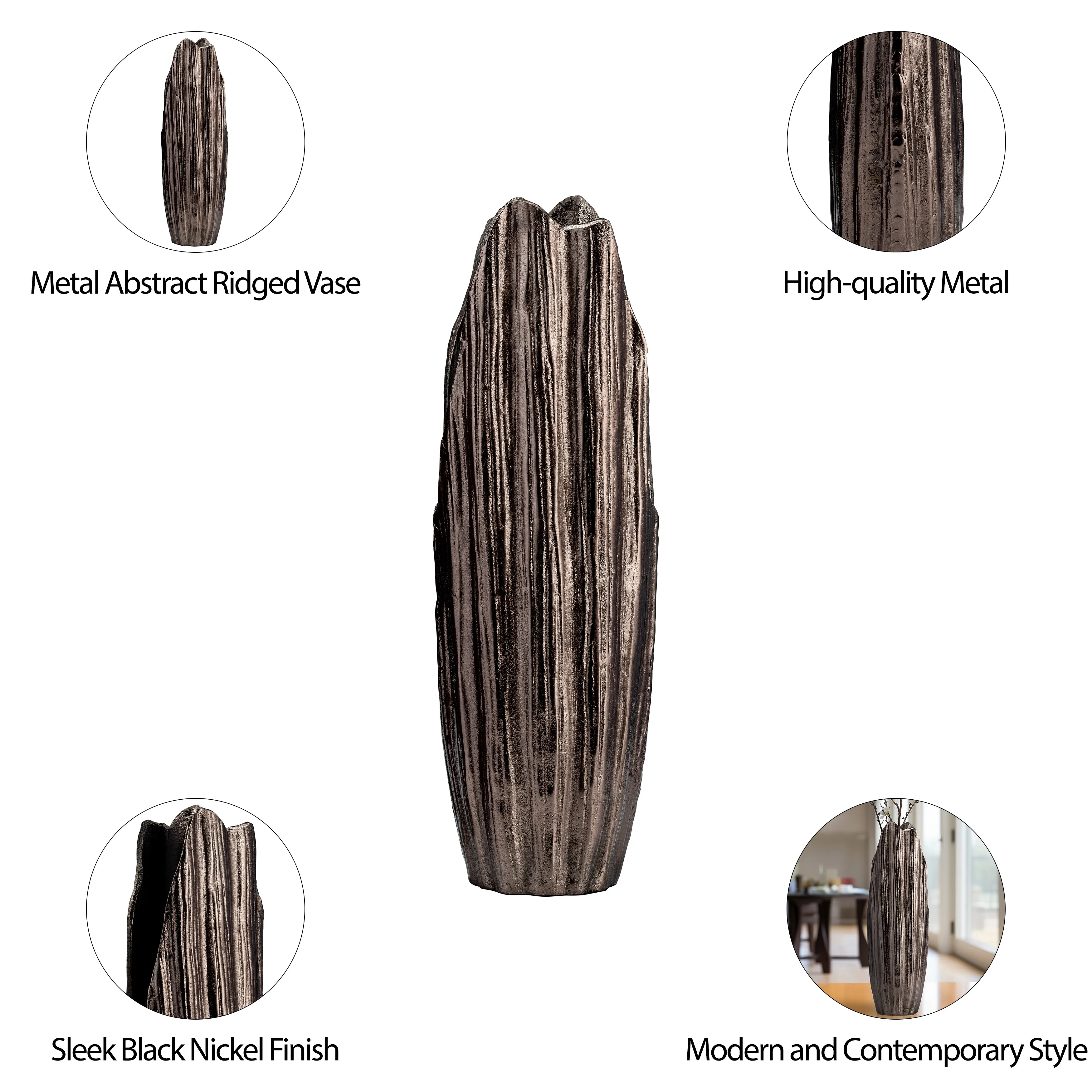 METAL, 20"H, ABSTRACT RIDGED VASE, BLK NICKEL