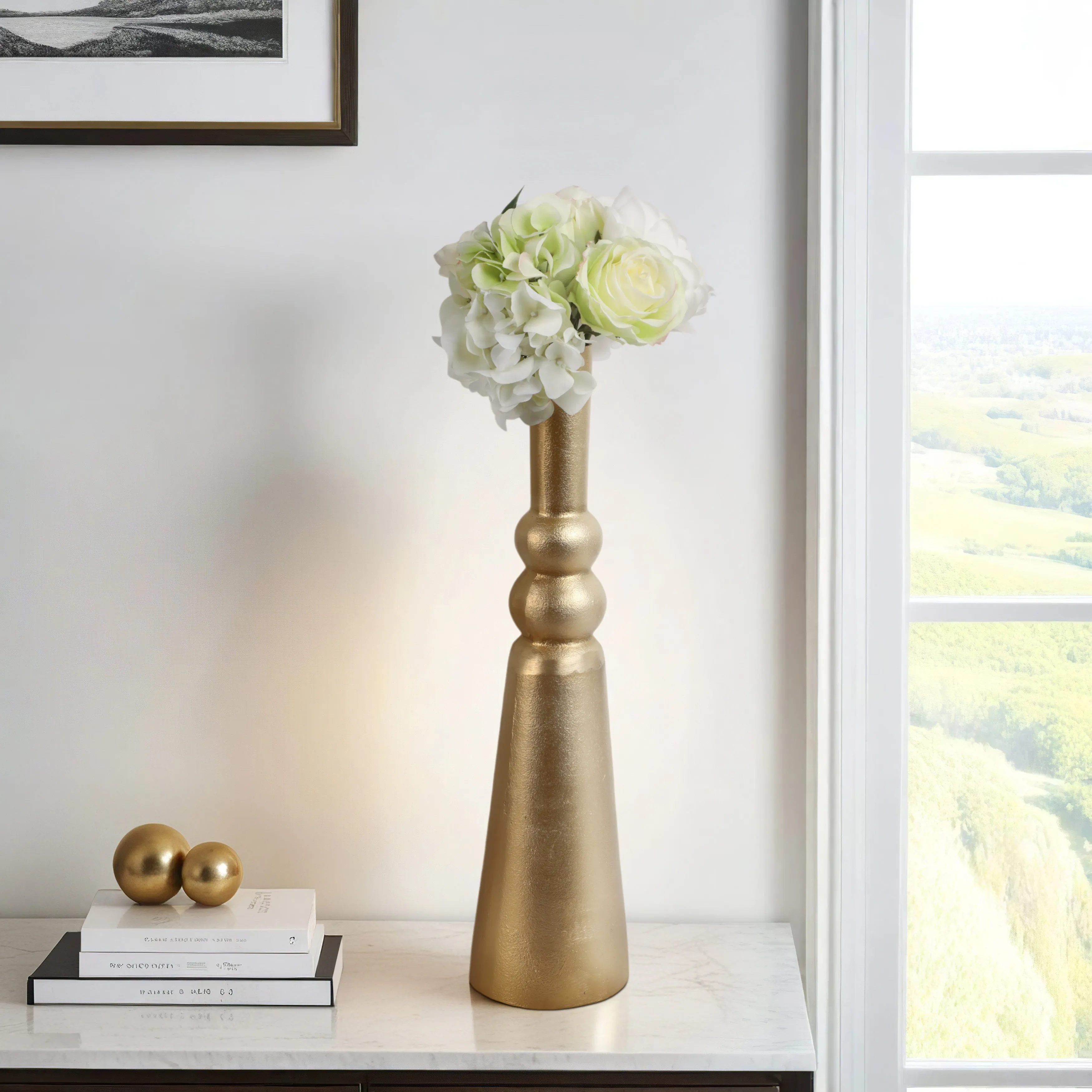 METAL,22"H,ABSTRACT PILLAR VASE,GOLD