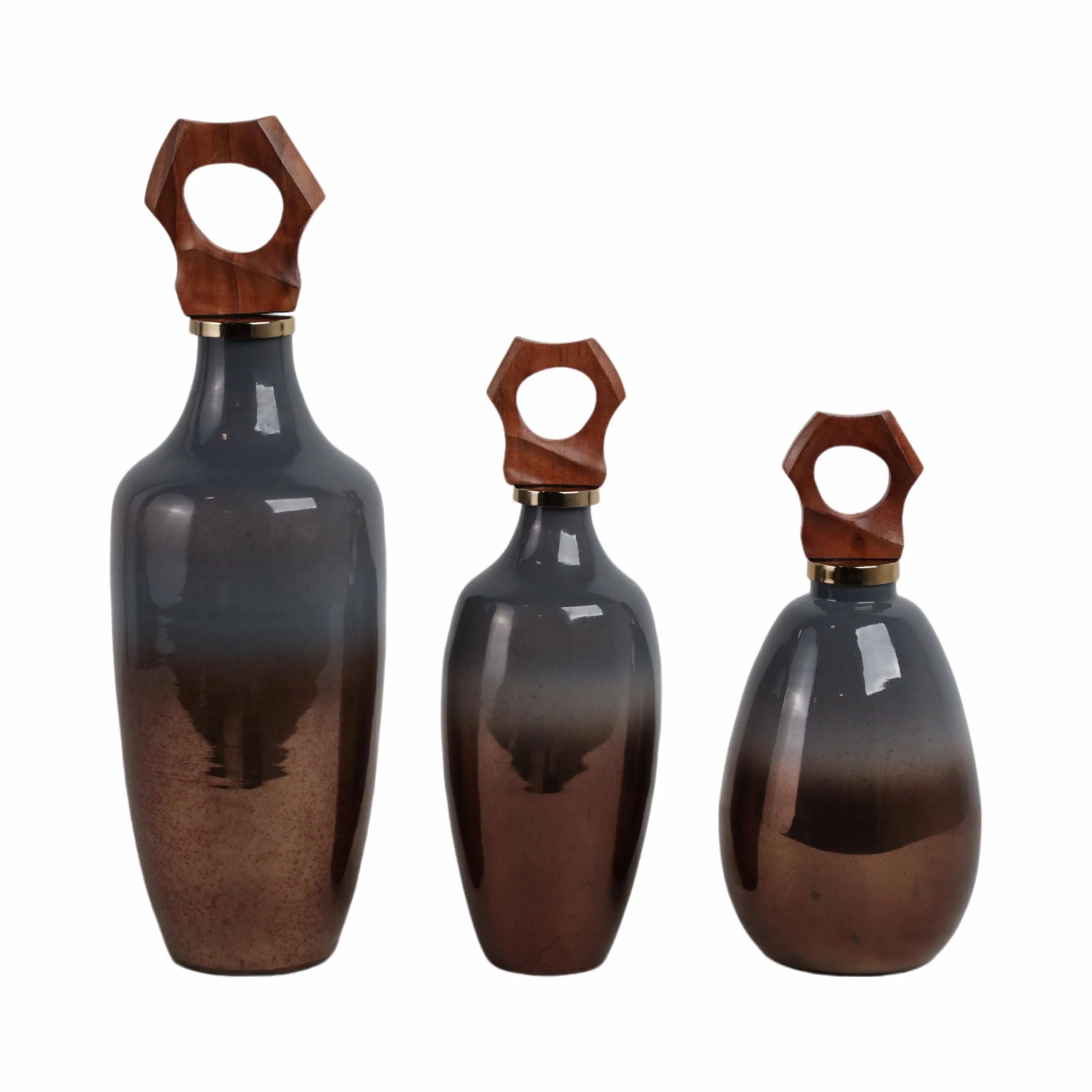 S/3 13/15/19"zimmerman Wood&glss Bttles W/stoppers