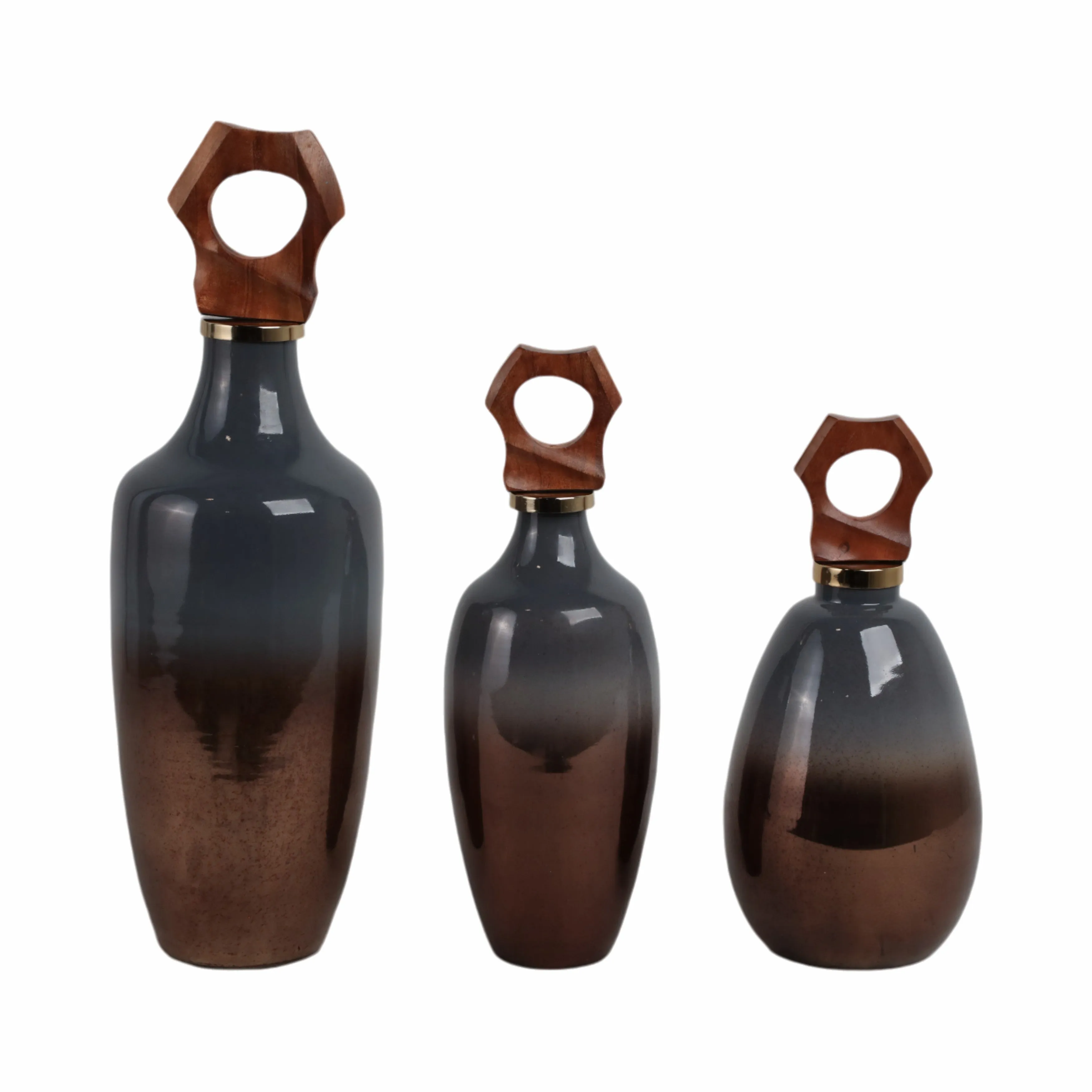 S/3 13/15/19"zimmerman Wood&glss Bttles W/stoppers