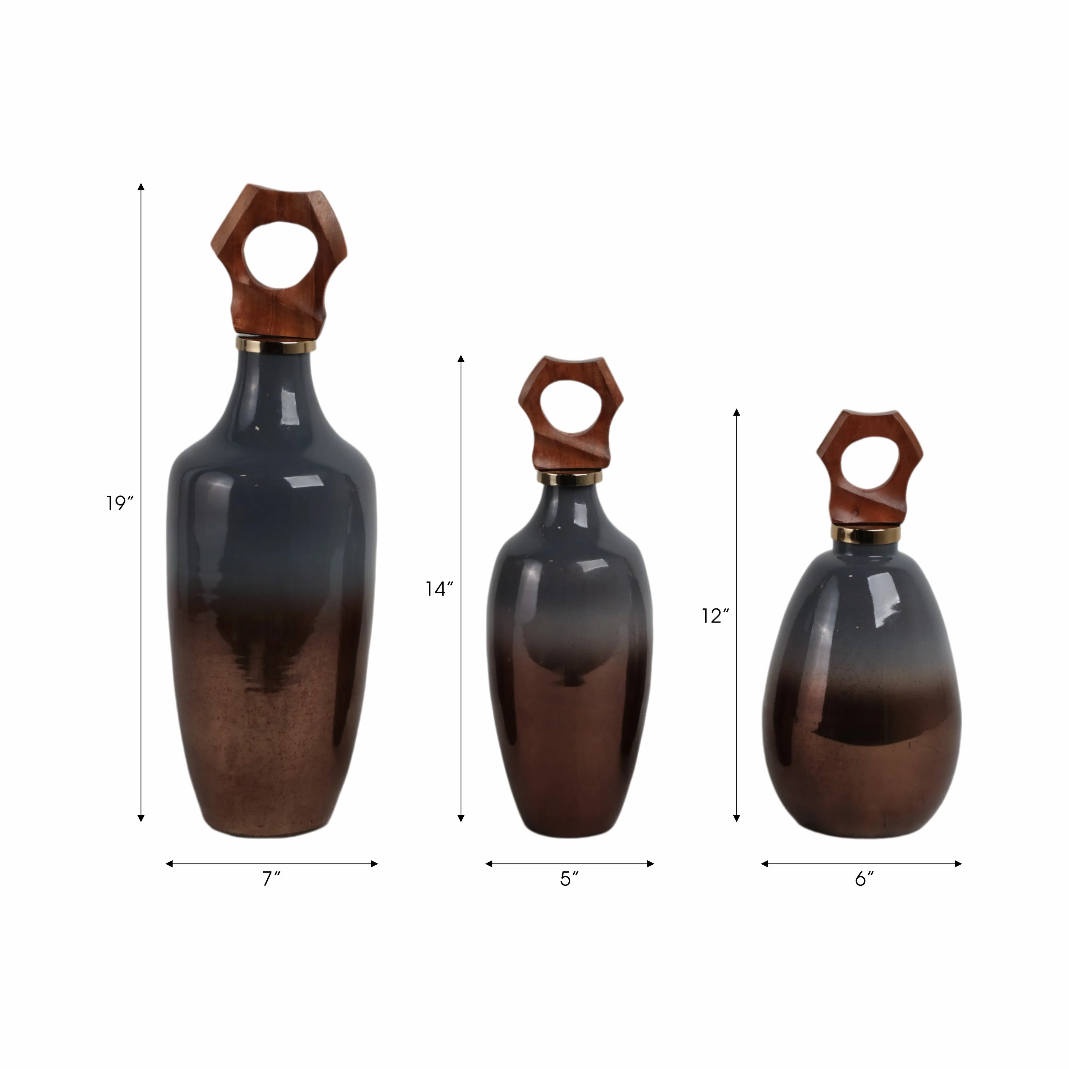 S/3 13/15/19"zimmerman Wood&glss Bttles W/stoppers