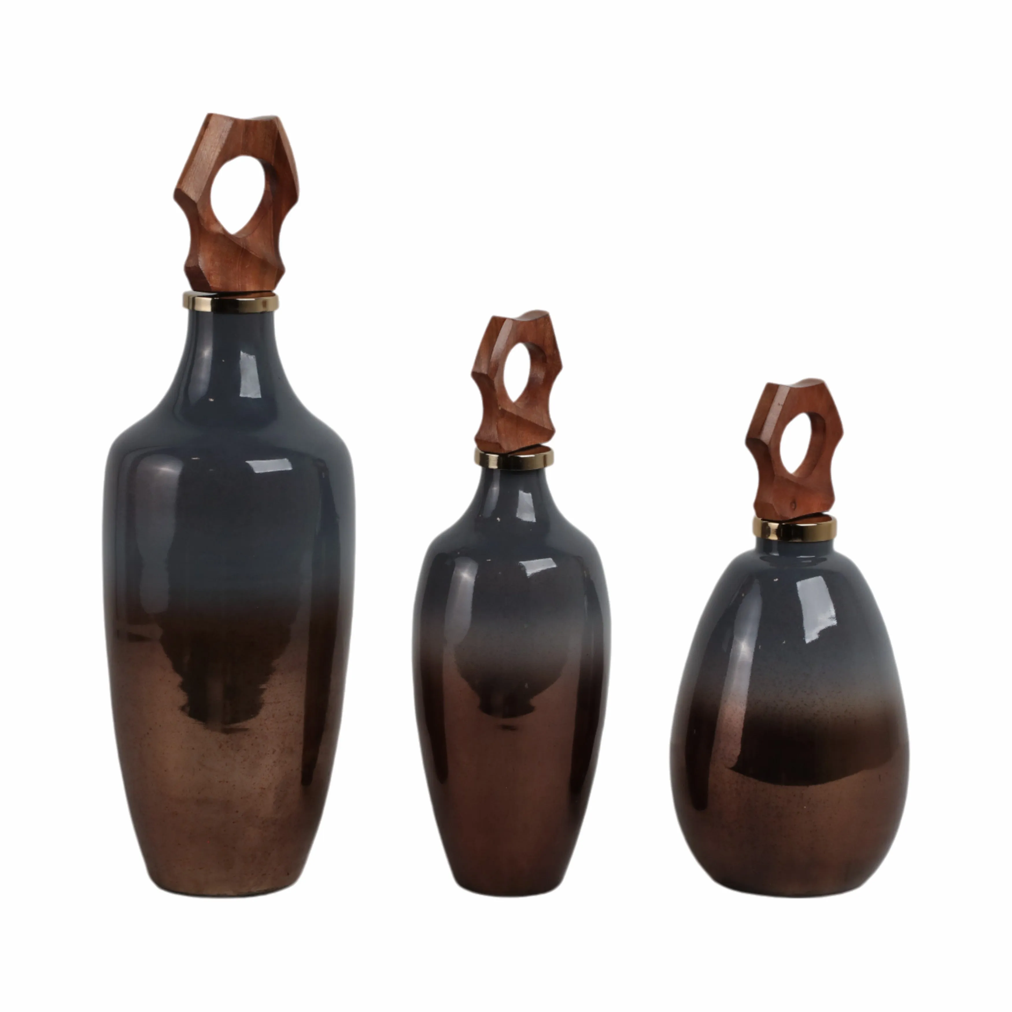 S/3 13/15/19"zimmerman Wood&glss Bttles W/stoppers