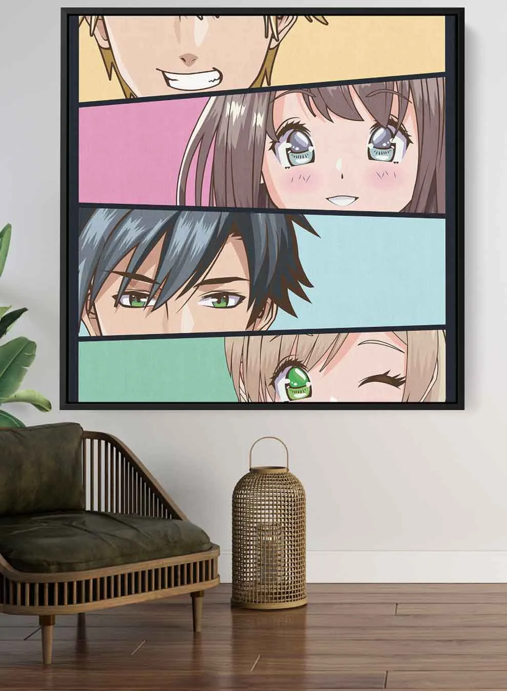 Square Canvas Wall Art Stretched Over Wooden Frame with Black Floating Frame and Anime Painting