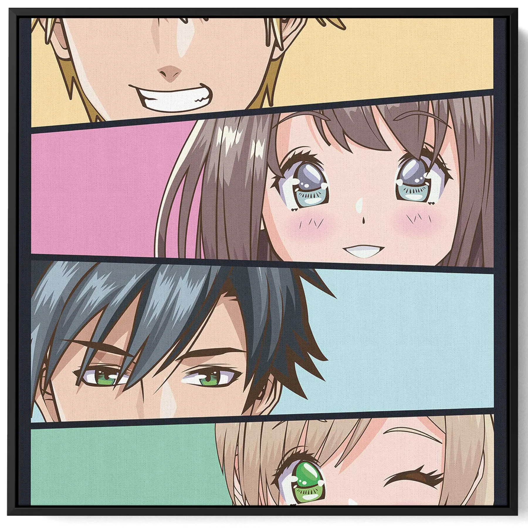Square Canvas Wall Art Stretched Over Wooden Frame with Black Floating Frame and Anime Painting