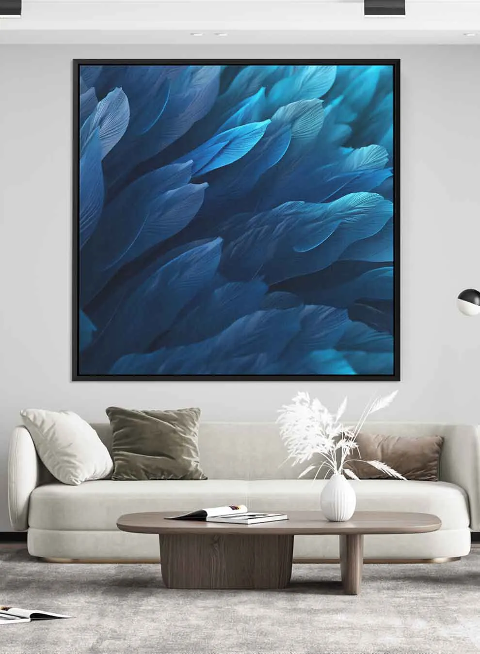 Square Canvas Wall Art Stretched Over Wooden Frame with Black Floating Frame and Blue Birds Feathers Painting