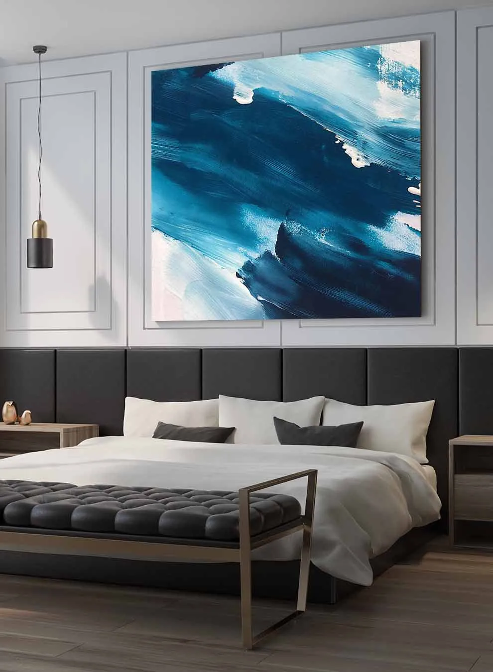 Square Canvas Wall Art Stretched Over Wooden Frame with Black Floating Frame and Blue Waves Abstract Painting