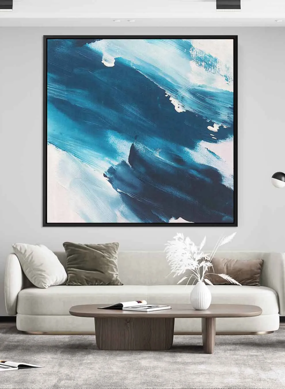 Square Canvas Wall Art Stretched Over Wooden Frame with Black Floating Frame and Blue Waves Abstract Painting
