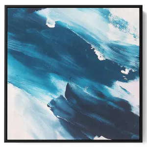 Square Canvas Wall Art Stretched Over Wooden Frame with Black Floating Frame and Blue Waves Abstract Painting