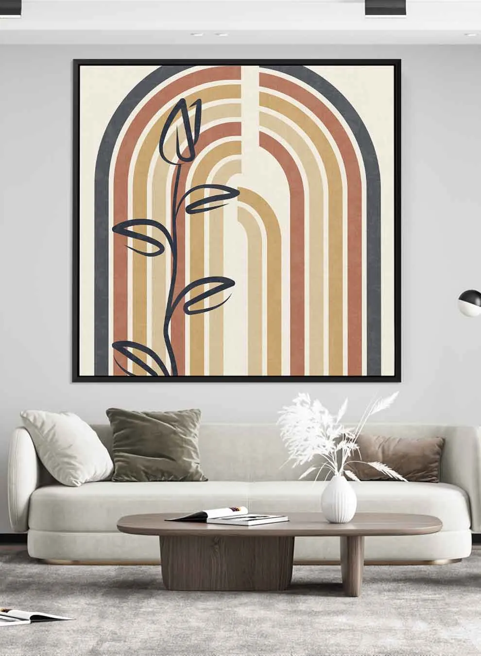 Square Canvas Wall Art Stretched Over Wooden Frame with Black Floating Frame and Colorful Arch Abstract Painting