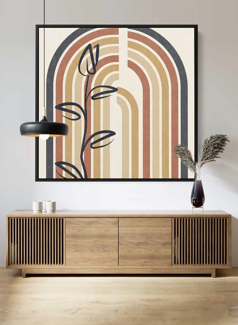 Square Canvas Wall Art Stretched Over Wooden Frame with Black Floating Frame and Colorful Arch Abstract Painting