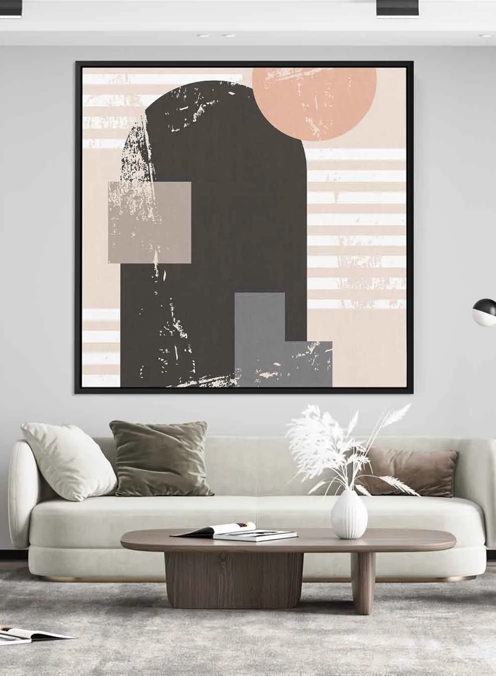 Square Canvas Wall Art Stretched Over Wooden Frame with Black Floating Frame and Colorful Shapes Painting