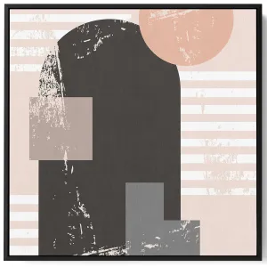 Square Canvas Wall Art Stretched Over Wooden Frame with Black Floating Frame and Colorful Shapes Painting