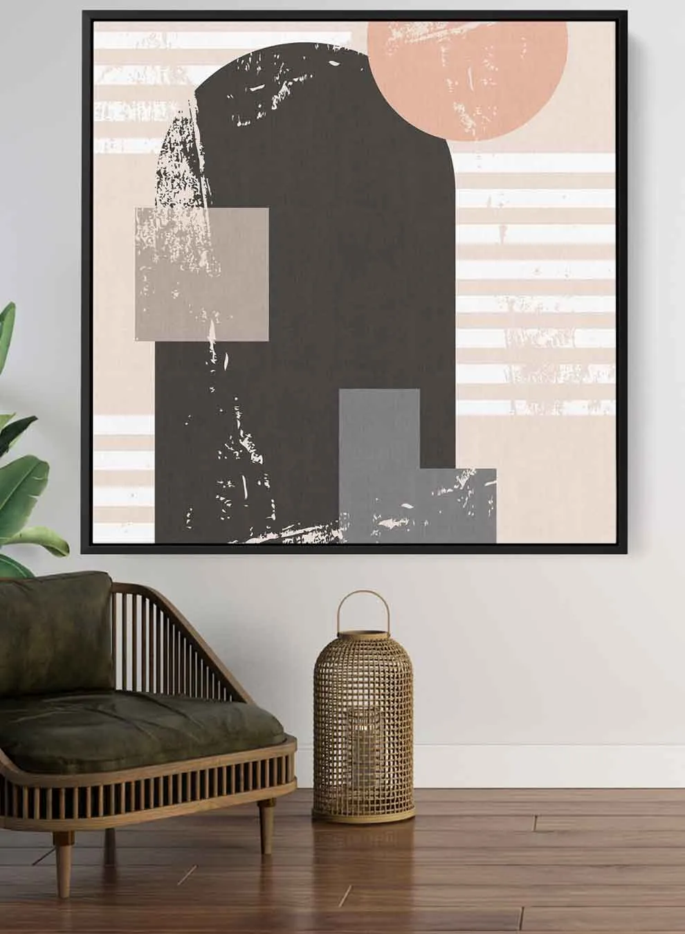 Square Canvas Wall Art Stretched Over Wooden Frame with Black Floating Frame and Colorful Shapes Painting