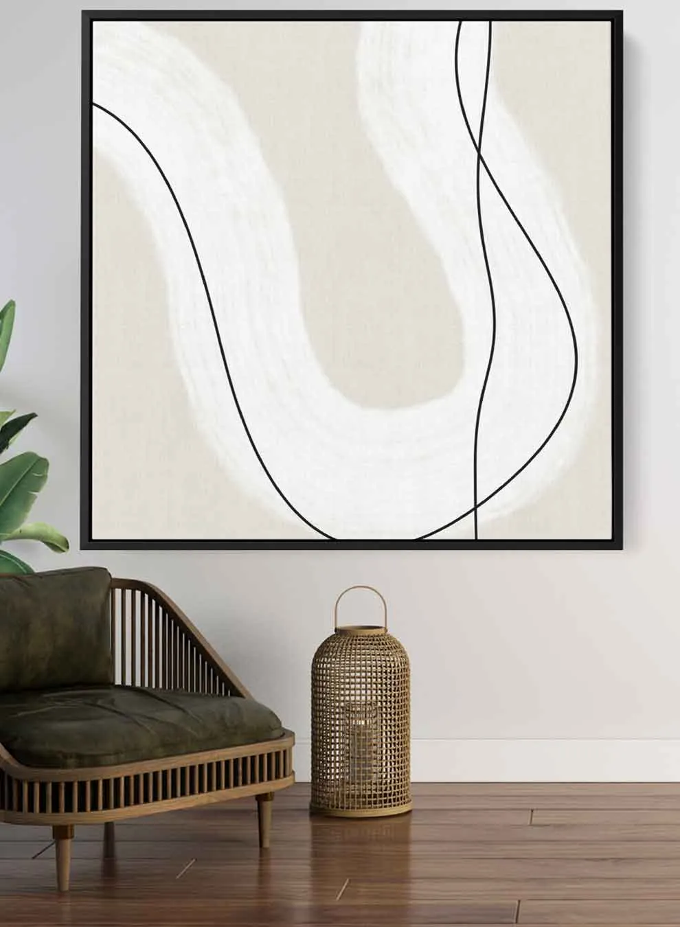 Square Canvas Wall Art Stretched Over Wooden Frame with Black Floating Frame and Curved Line Abstract Painting