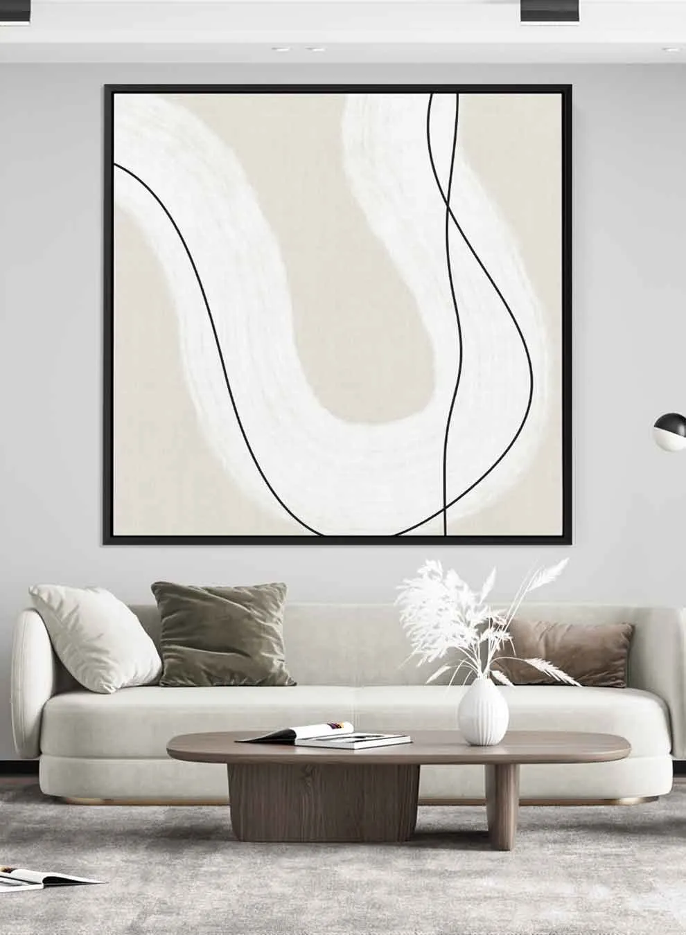 Square Canvas Wall Art Stretched Over Wooden Frame with Black Floating Frame and Curved Line Abstract Painting