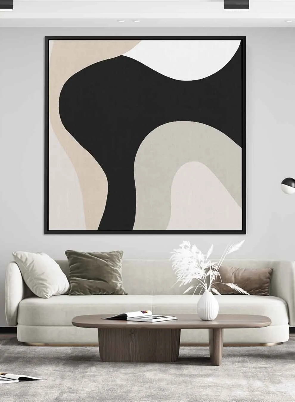 Square Canvas Wall Art Stretched Over Wooden Frame with Black Floating Frame and Curved Stripes Abstract Painting