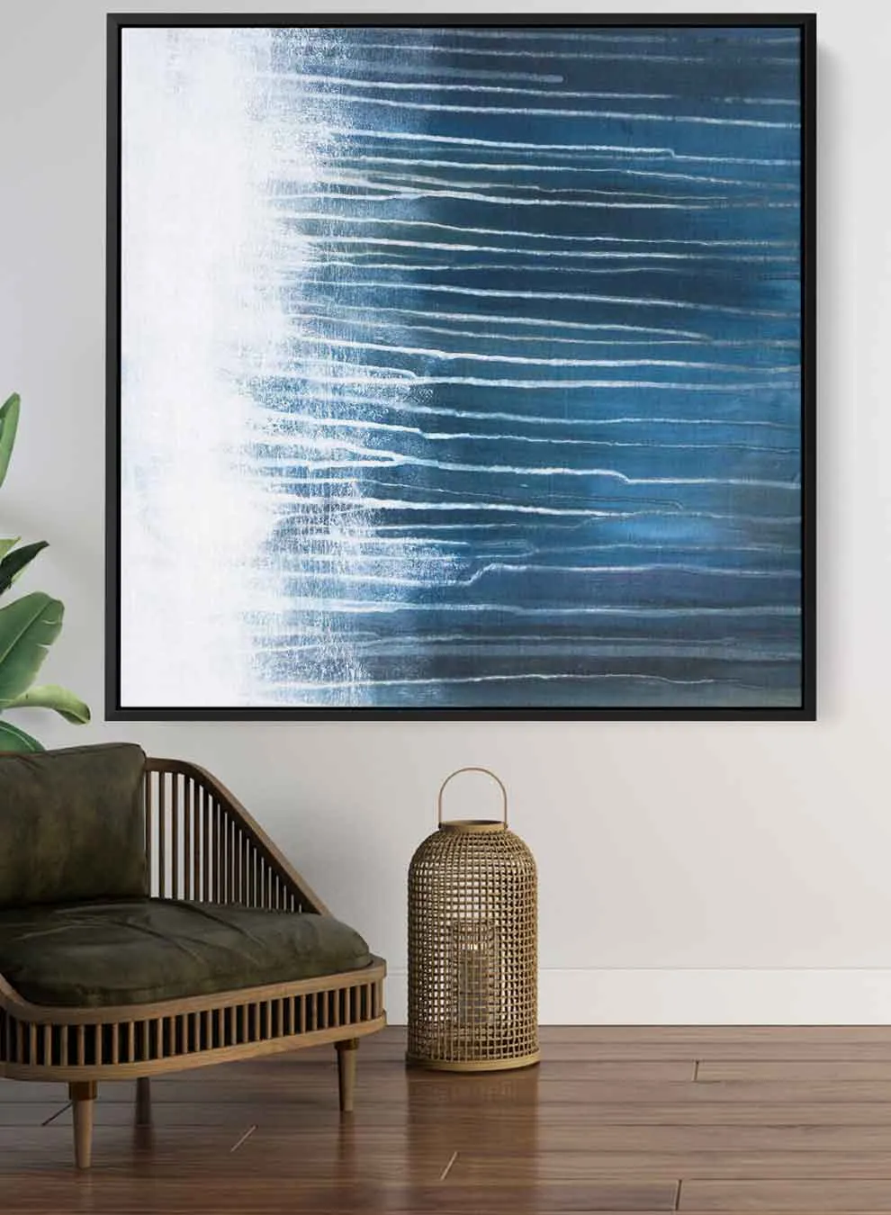 Square Canvas Wall Art Stretched Over Wooden Frame with Black Floating Frame and Flowers Oil Painting