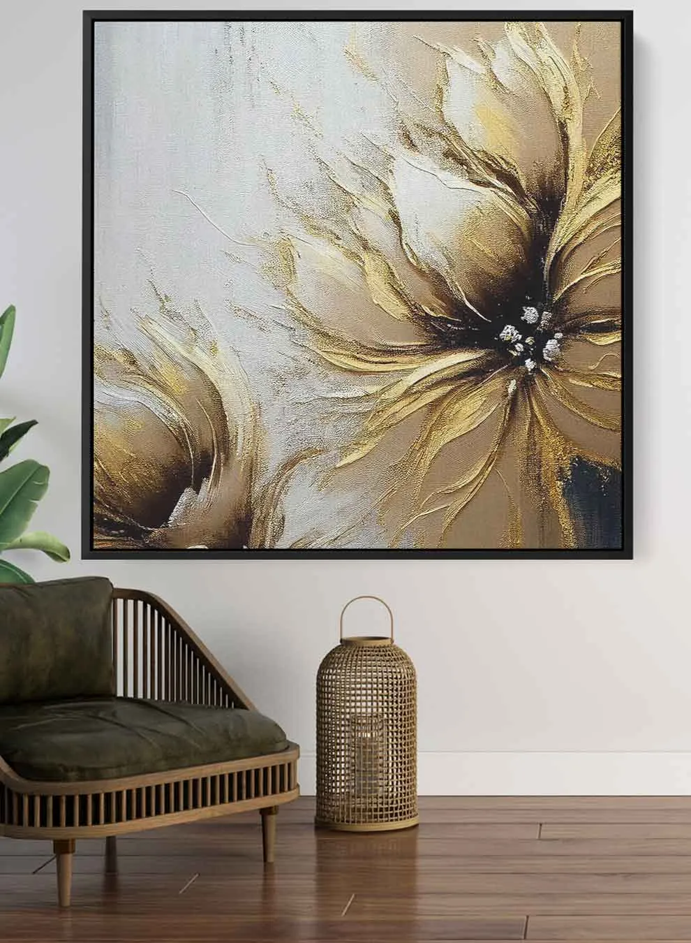 Square Canvas Wall Art Stretched Over Wooden Frame with Black Floating Frame and Golden Flower  Painting