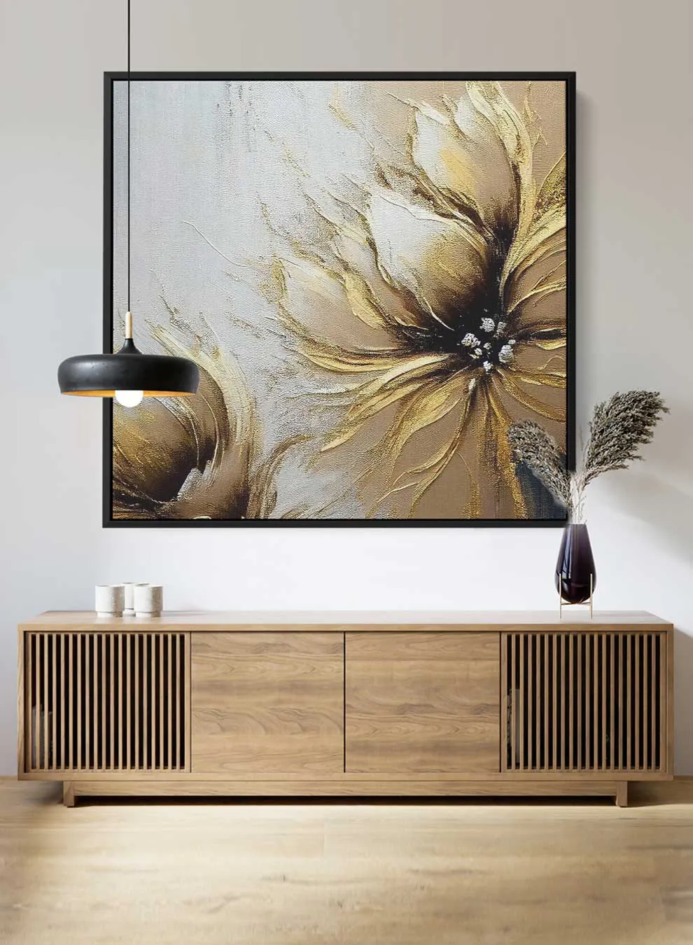 Square Canvas Wall Art Stretched Over Wooden Frame with Black Floating Frame and Golden Flower  Painting