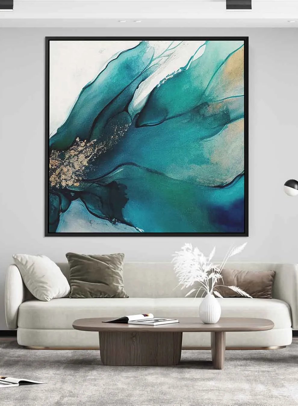 Square Canvas Wall Art Stretched Over Wooden Frame with Black Floating Frame and Green Blue Abstract Painting