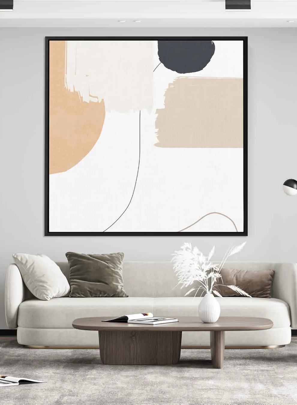 Square Canvas Wall Art Stretched Over Wooden Frame with Black Floating Frame and Light Abstract Art