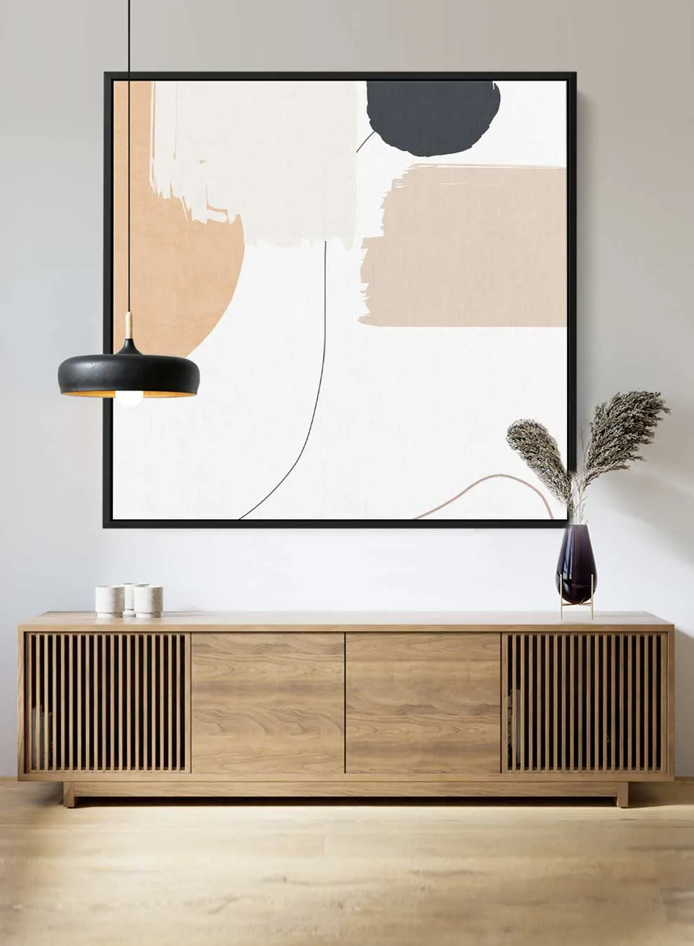 Square Canvas Wall Art Stretched Over Wooden Frame with Black Floating Frame and Light Abstract Art