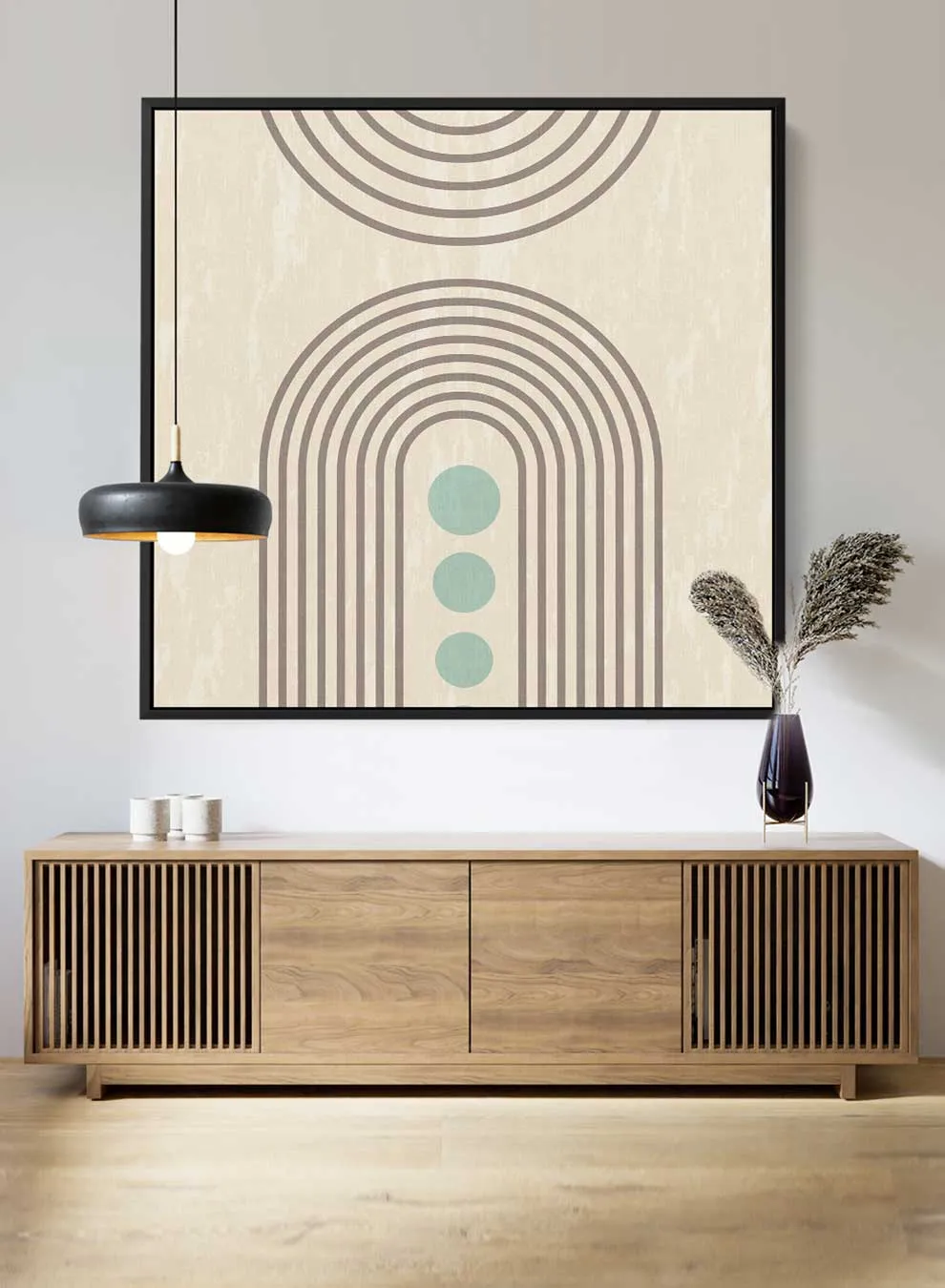 Square Canvas Wall Art Stretched Over Wooden Frame with Black Floating Frame and Light Abstract Painting