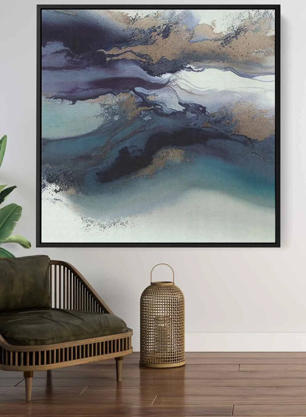 Square Canvas Wall Art Stretched Over Wooden Frame with Black Floating Frame and Mix Colors Abstract Painting