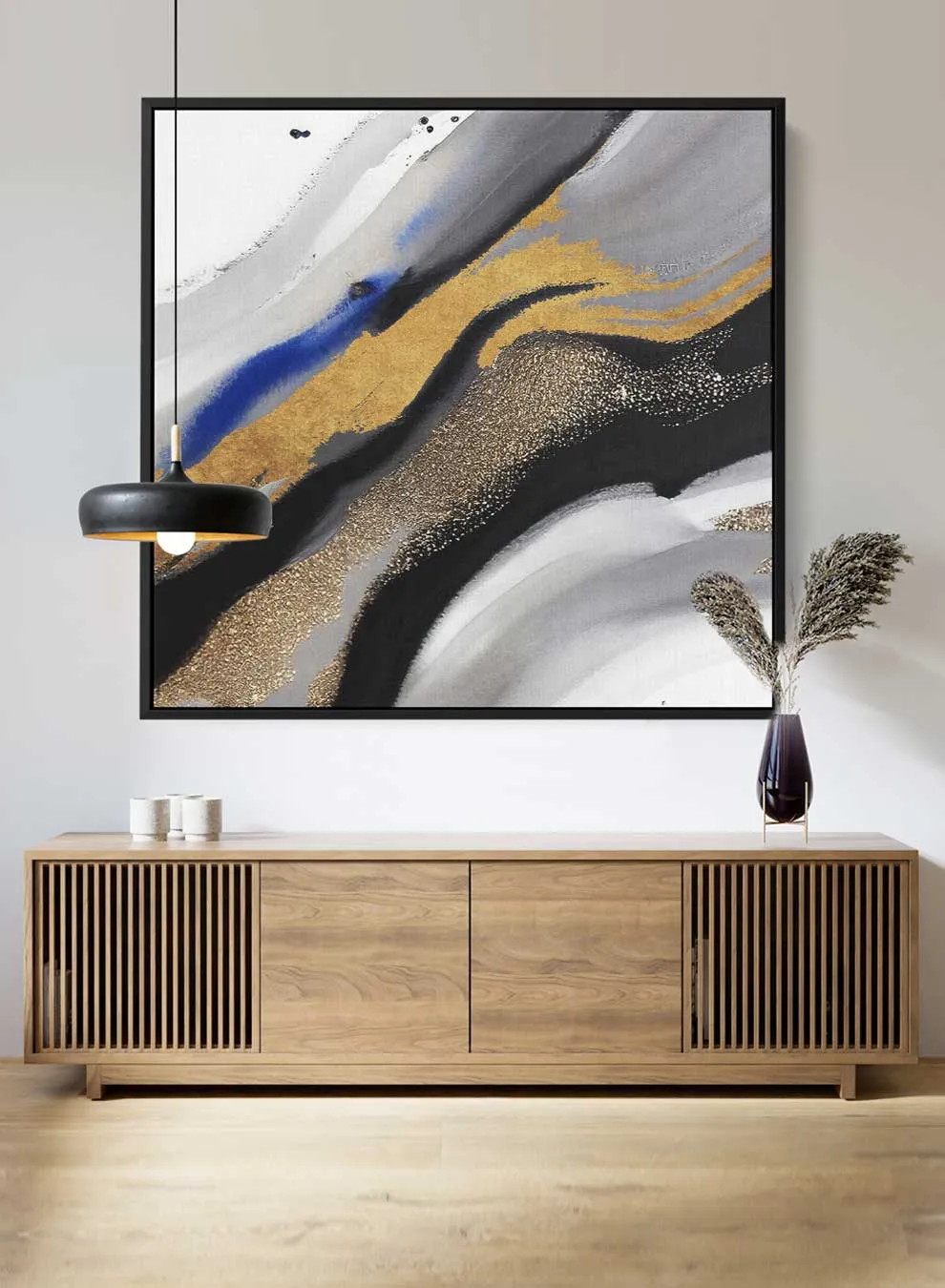 Square Canvas Wall Art Stretched Over Wooden Frame with Black Floating Frame and Mixed Colours Pattern Painting
