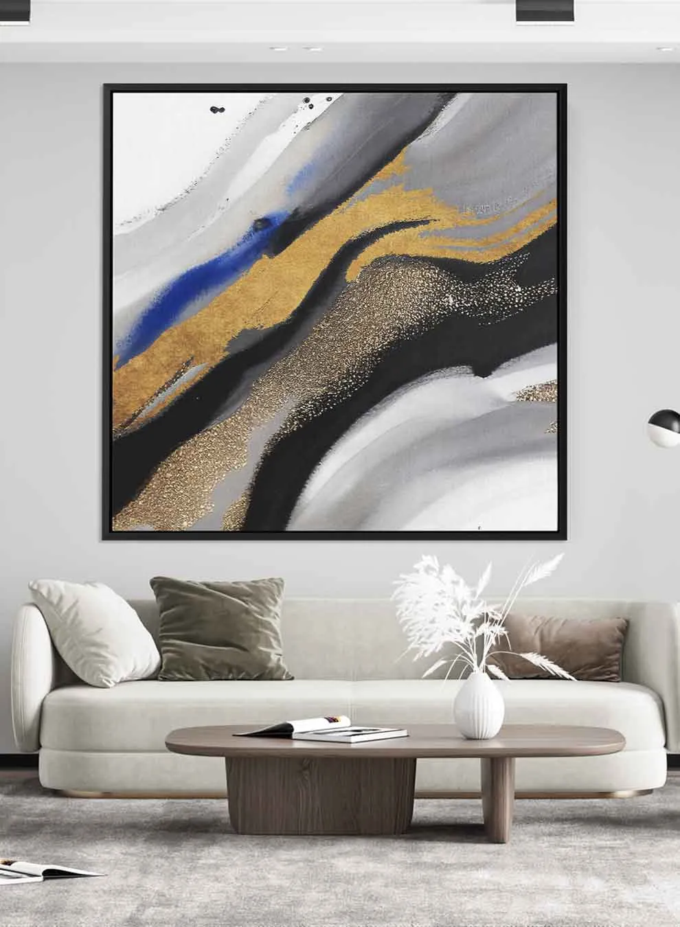 Square Canvas Wall Art Stretched Over Wooden Frame with Black Floating Frame and Mixed Colours Pattern Painting