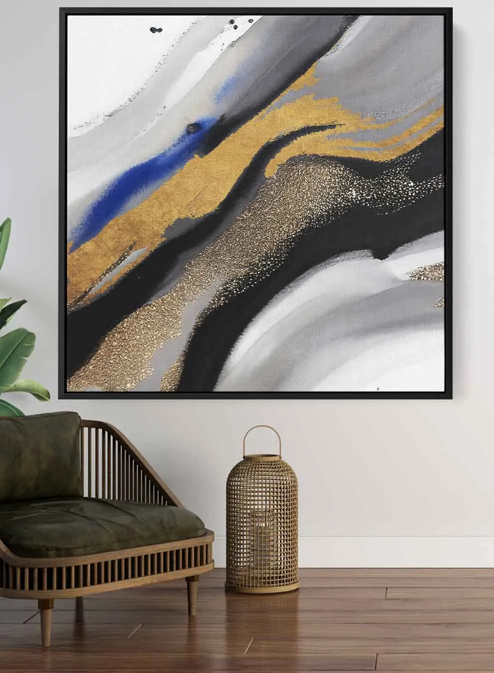 Square Canvas Wall Art Stretched Over Wooden Frame with Black Floating Frame and Mixed Colours Pattern Painting