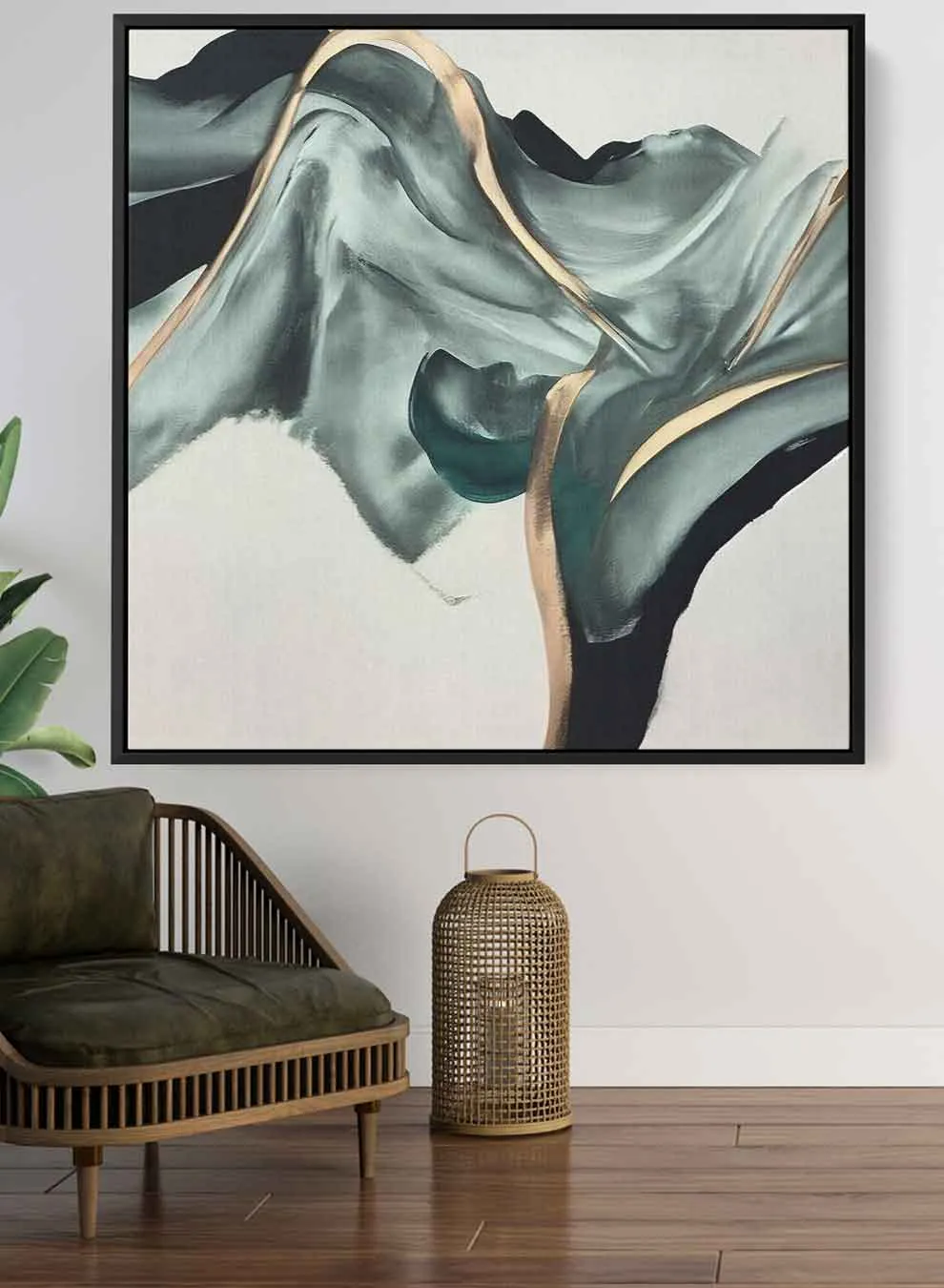 Square Canvas Wall Art Stretched Over Wooden Frame with Black Floating Frame and Mountain With Gold Stripes  Painting