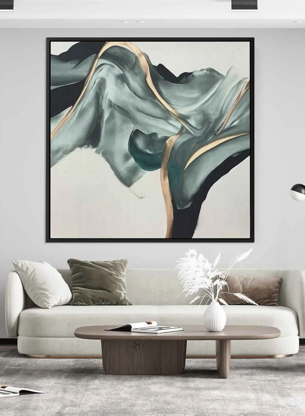 Square Canvas Wall Art Stretched Over Wooden Frame with Black Floating Frame and Mountain With Gold Stripes  Painting
