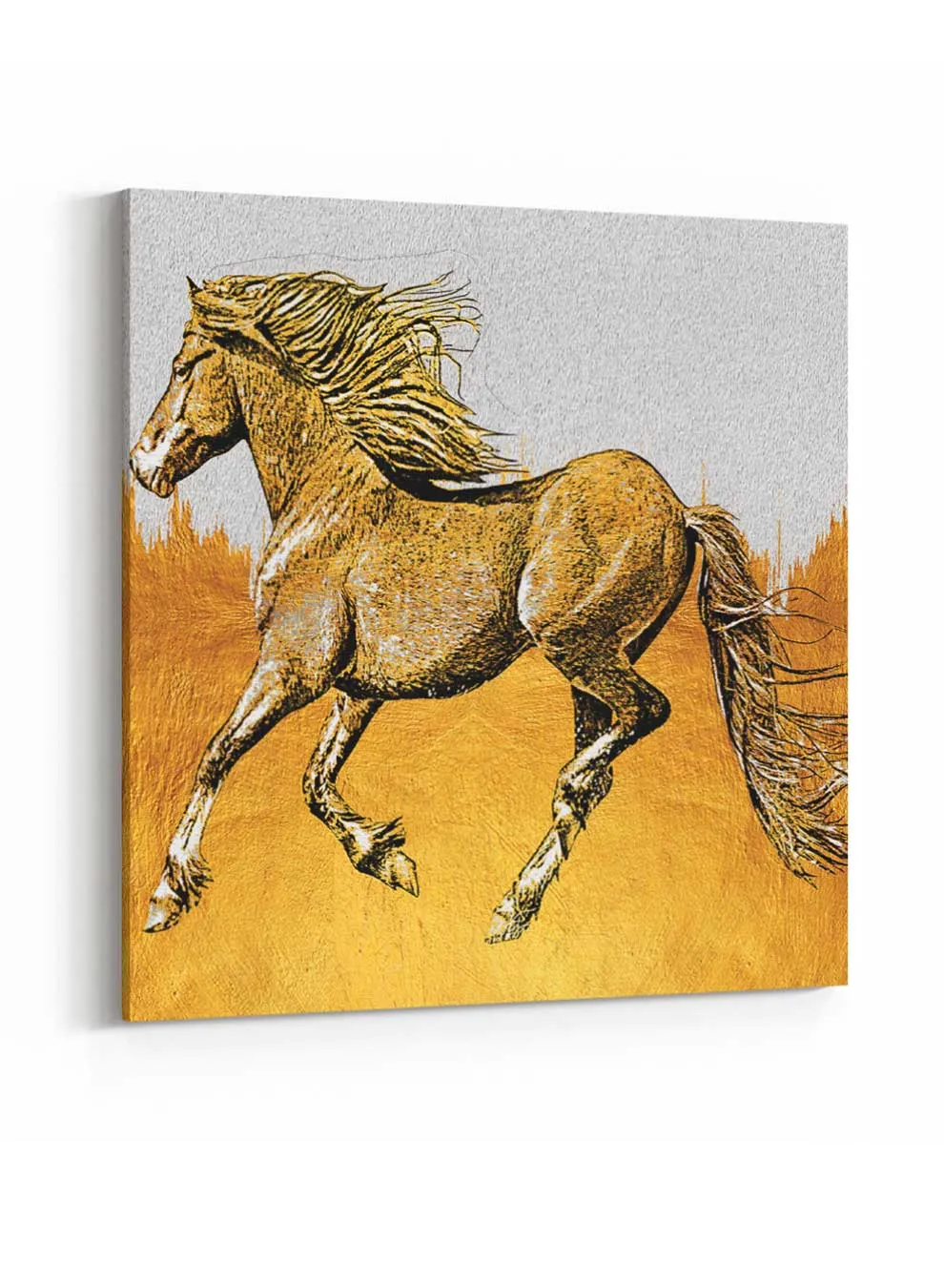 Square Canvas Wall Art Stretched Over Wooden Frame with Black Floating Frame and Mountain With Ocean Wave Painting