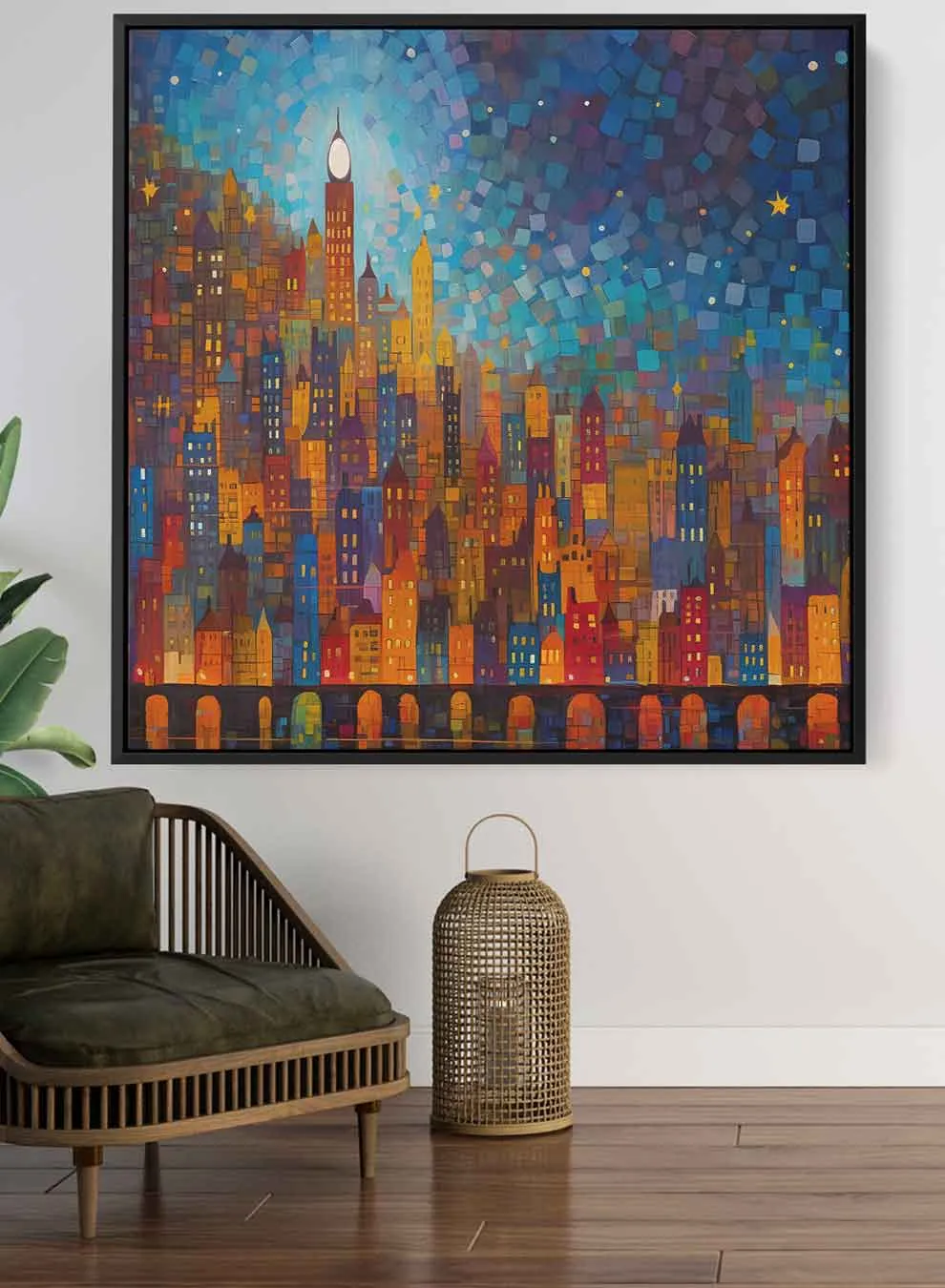 Square Canvas Wall Art Stretched Over Wooden Frame with Black Floating Frame and Night On The City Painting